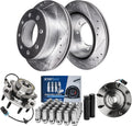 Detroit Axle - 4WD Front Brake Kit for Silverado Sierra Suburban 2500 HD 3500 Chevy GMC Hummer H2, Drilled & Slotted Brake Rotors Wheel Bearing Hubs Wheel Lug Nuts Socket Key Replacement