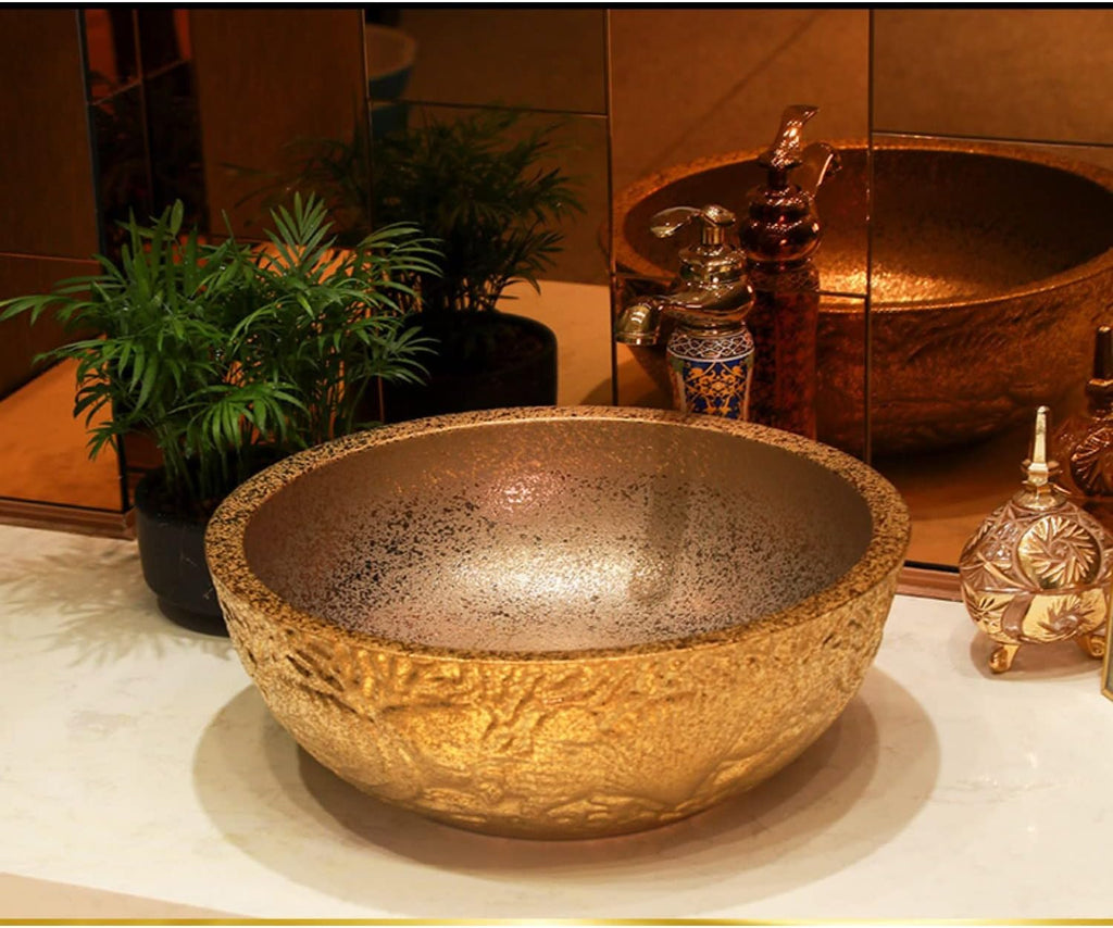 Round Vessel Sink,Modern Bathroom Artistic Porcelain Vessel Bowl with Faucet Pop-Up Drain,Gold-Silver