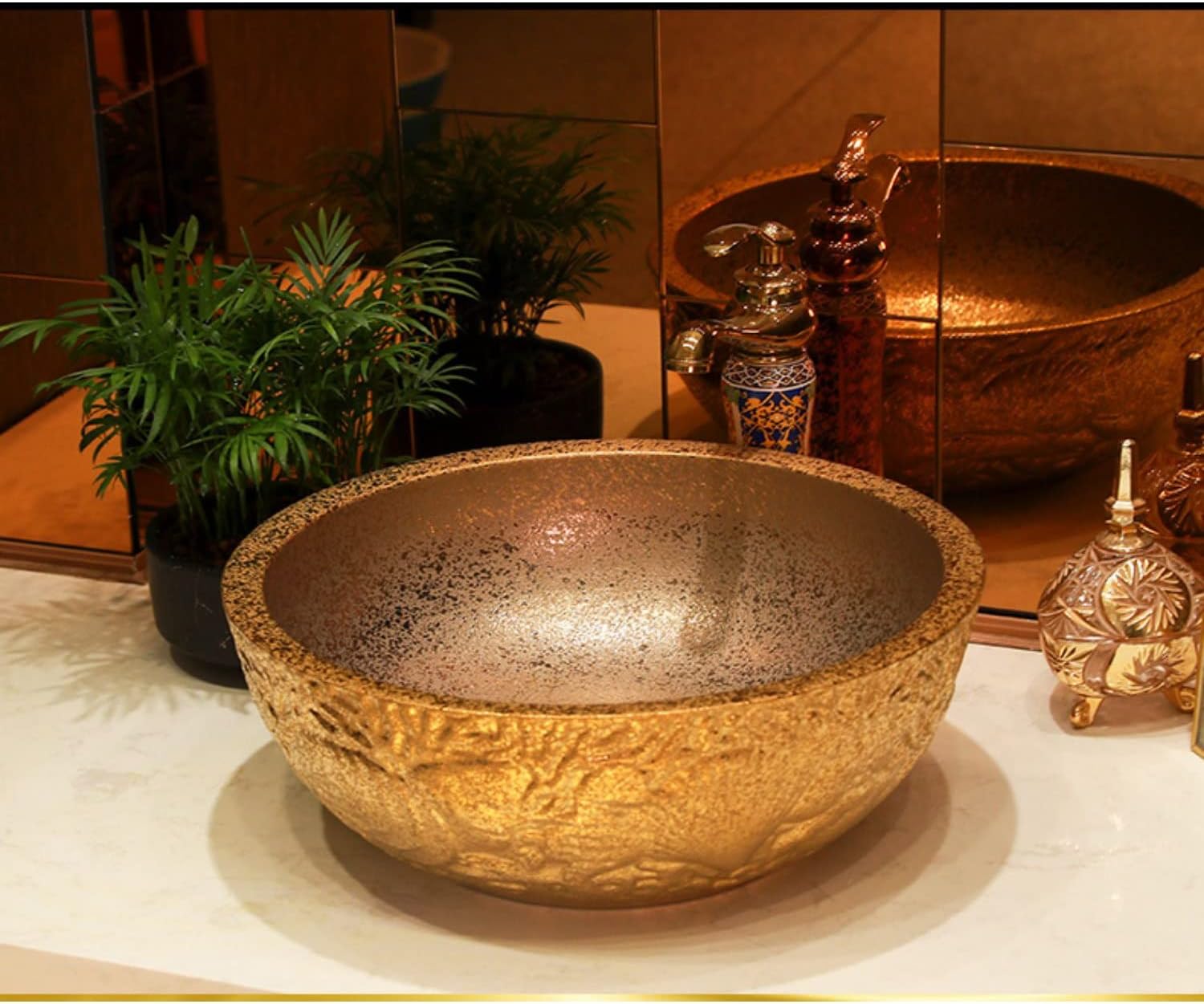 Round Vessel Sink,Modern Bathroom Artistic Porcelain Vessel Bowl with Faucet Pop-Up Drain,Gold-Silver