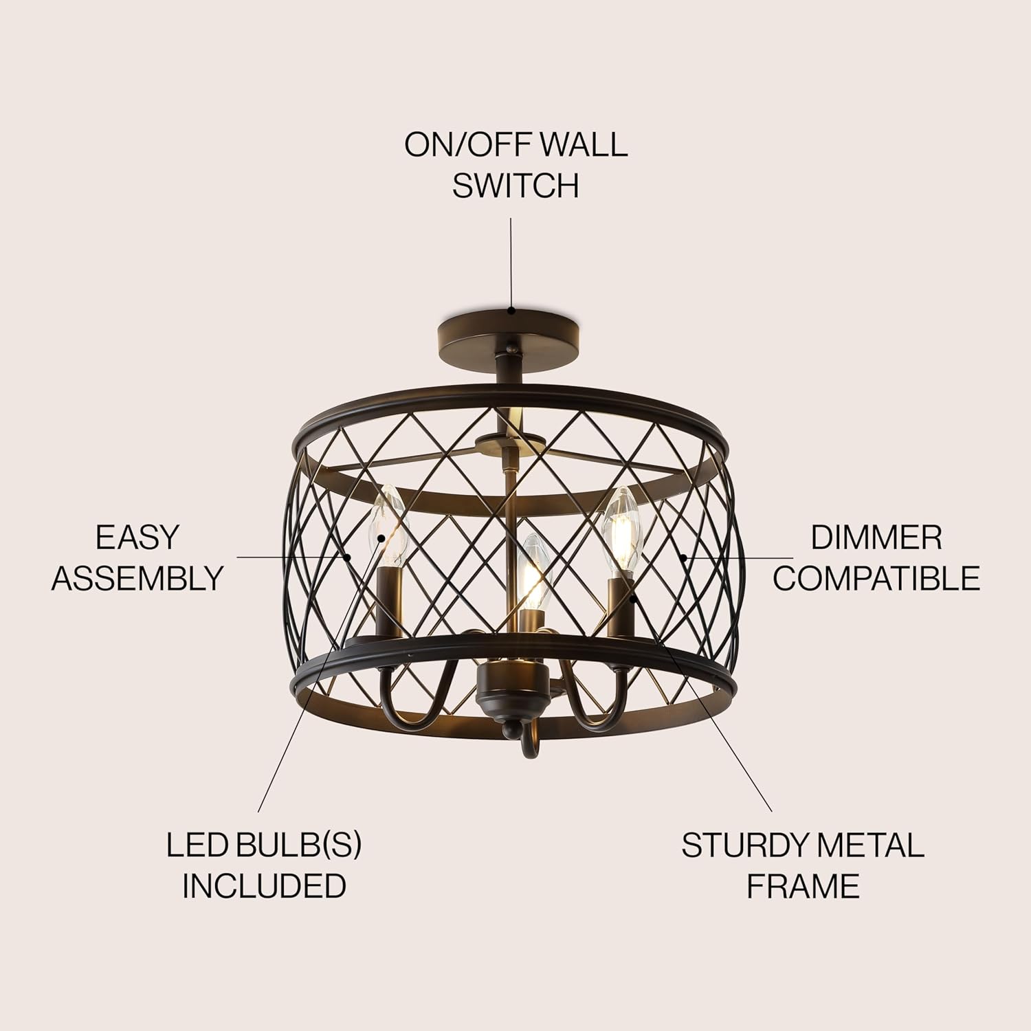 JONATHAN Y 15' Oil Rubbed Bronze LED Semi Flush Mount Ceiling Light, 3-Light Modern Industrial Drum Fixture for Bedroom Living Room Hallway, Gold Metal Cage Shade (JYL9037B)