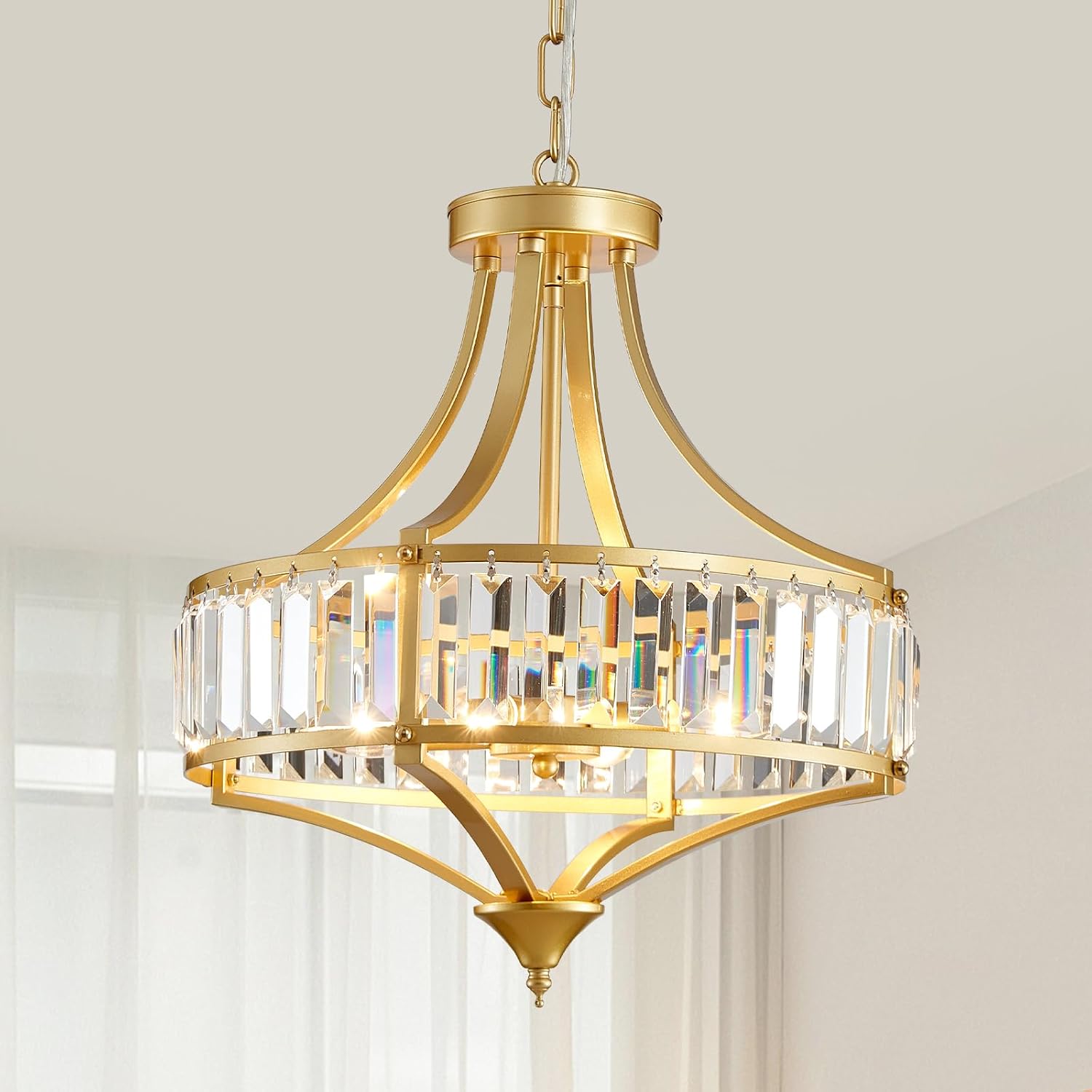 Gold Chandeliers for Dining Room Modern Round Crystal 4 Lights Rustic Pendant Lighting Fixture with Metal Lampshade for Living Room Hallway Bedroom Foyer