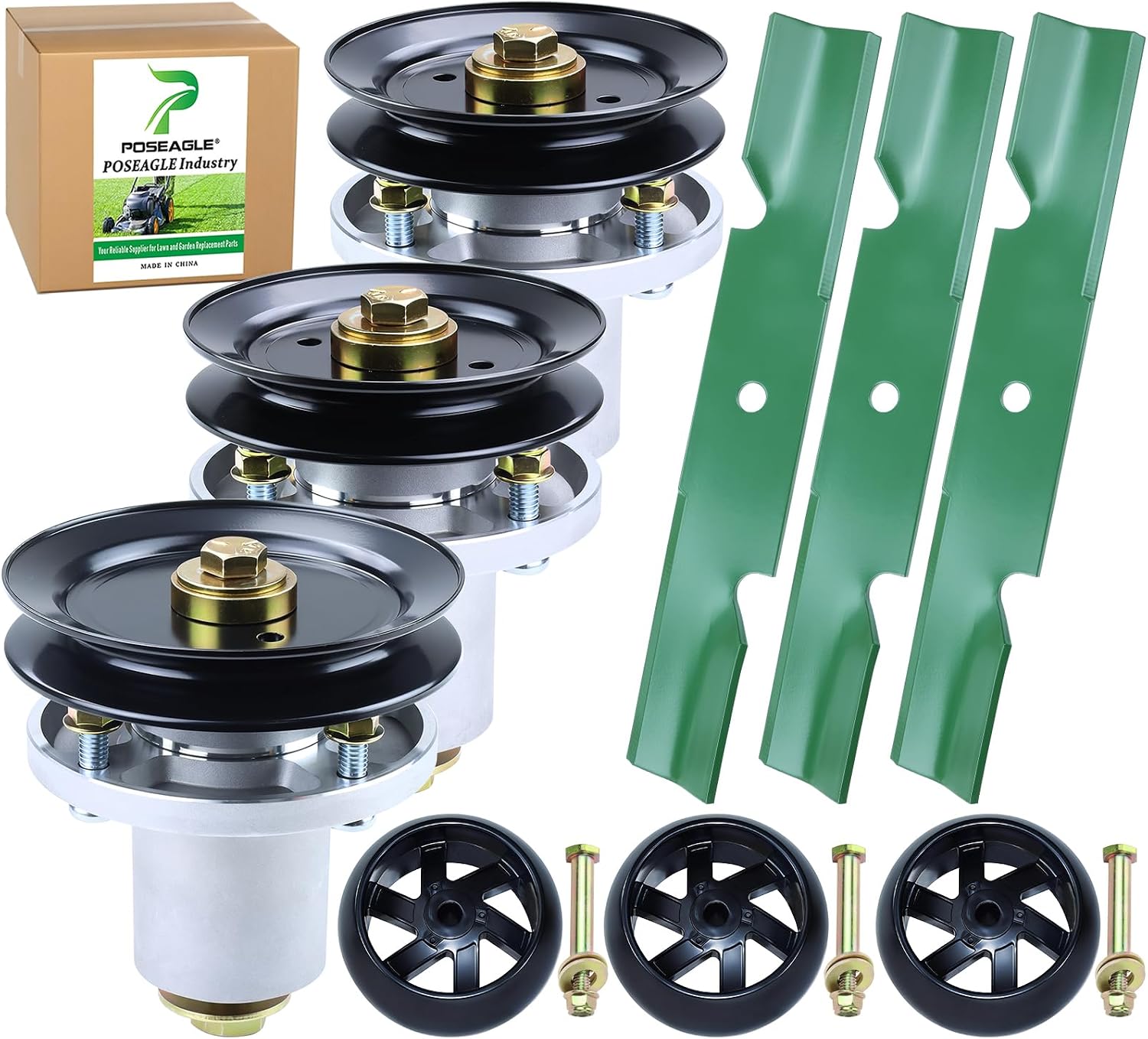 48 Inch Mower Deck Rebuild Kit for Hustler Raptor SD 48 Spindles, Raptor Flip-Up Includes 3 Pack 601804 607418 Spindle Assembly with 604665 Spindle Pulley 788166 Wheel 601123 Mower Blades
