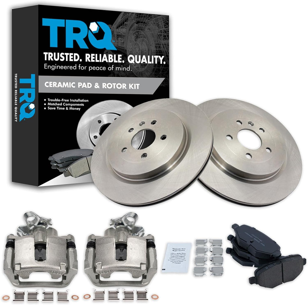 TRQ Rear Brake Pad and Rotor Set Ceramic Vented Rotors Calipers Compatible with 2013-2018 Ford Explorer Flex Police Interceptor Utility Taurus 2014-2018 Lincoln MKT