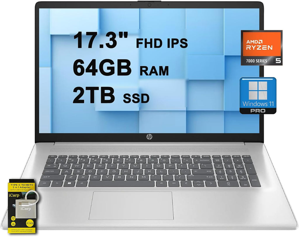 HP 17 Business Laptop 17.3' FHD IPS AMD Hexa-core Ryzen 5 7430U (Beats i7-1255U) 64GB RAM 2TB SSD Type-C Fast Charge Long-Lasting Battery Win11Pro ICP Accessory