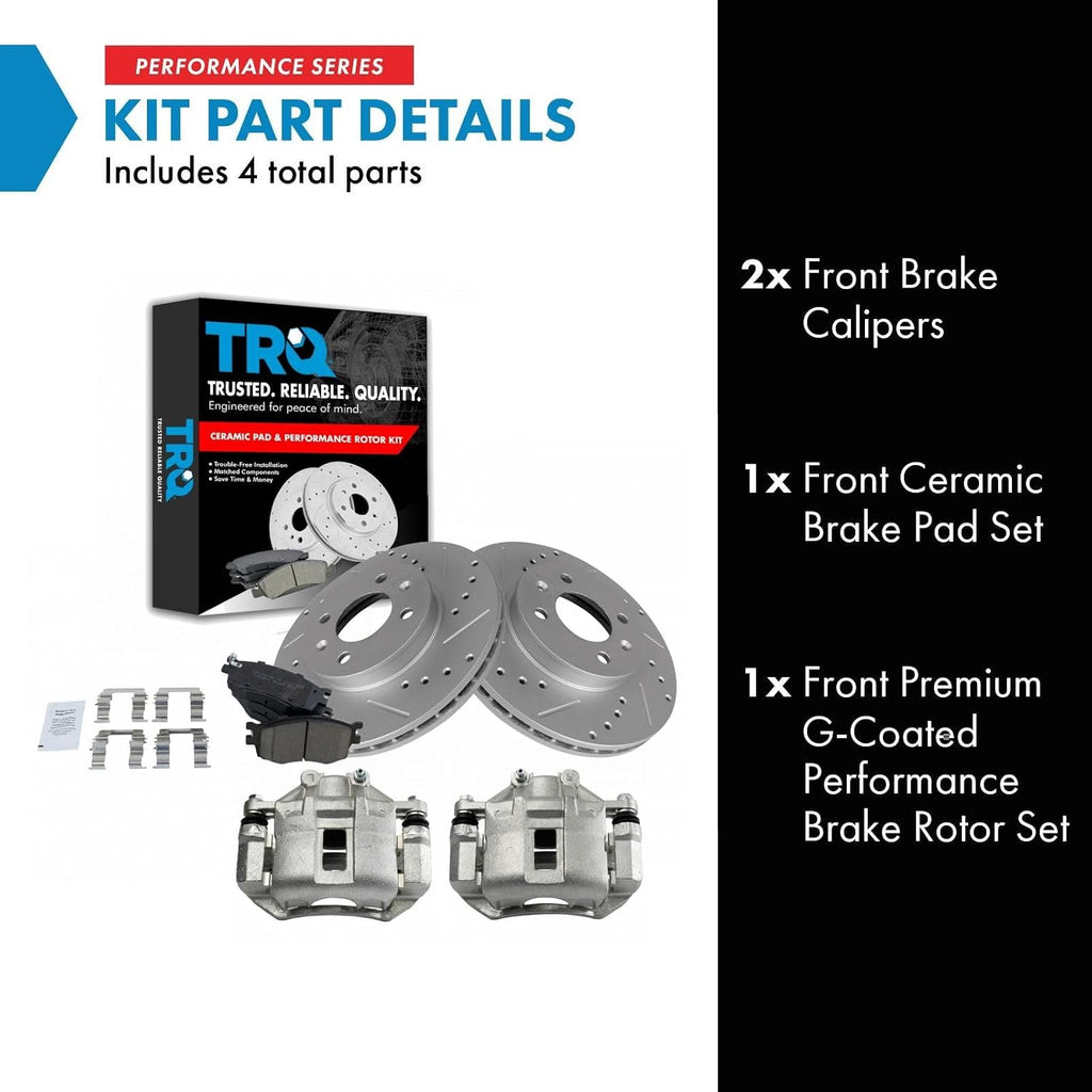 TRQ Performance Front Brake Pad and Rotor Set Ceramic Coated Drilled Slotted Rotors Calipers Compatible with 2006-2011 Hyundai Accent 2006-2011 Kia Rio