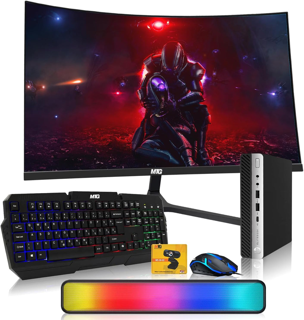 HP G3 Tiny Mini Desktop PC, Intel Core i5, 32GB RAM, 1TB SSD with 27 inch Curved Monitor, AI Enabled RGB Keyboard Mouse, RGB Soundbar and Webcam Windows 11 (Renewed)