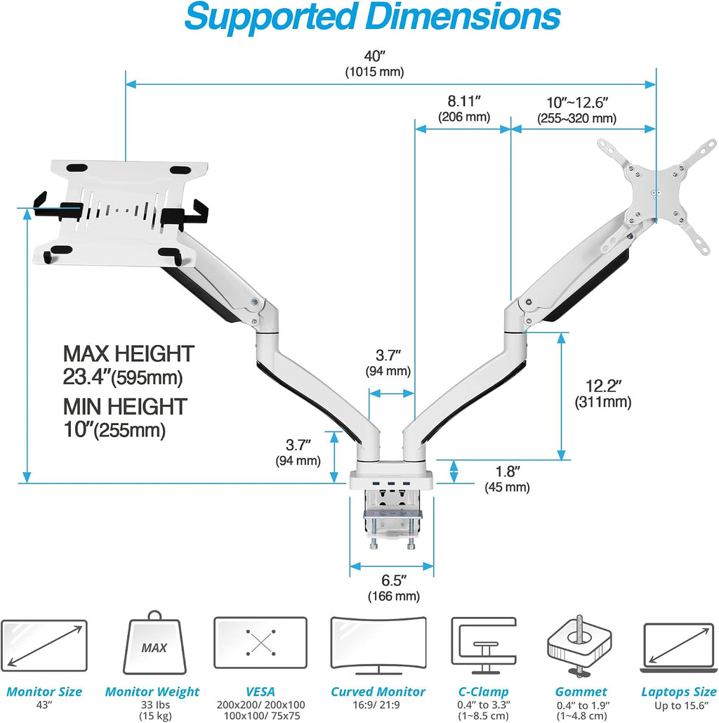AVLT Dual 17'-43' Monitor Arm Desk Mount with 15' Laptop Tray and USB-C&A Docking Station 5Gbps, HDMI 4K60Hz, Ethernet, 100W PD, Fits Two Flat/Curved Monitor - White