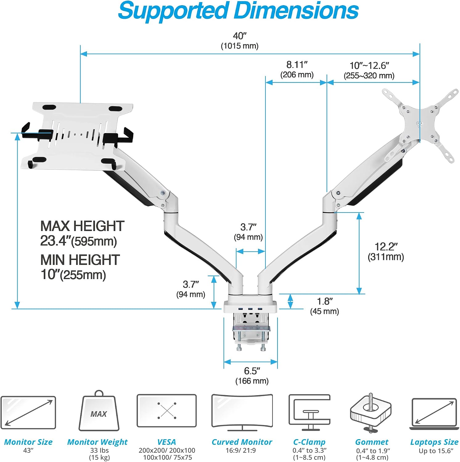 AVLT Dual 17'-43' Monitor Arm Desk Mount with 15' Laptop Tray and USB-C&A Docking Station 5Gbps, HDMI 4K60Hz, Ethernet, 100W PD, Fits Two Flat/Curved Monitor - White