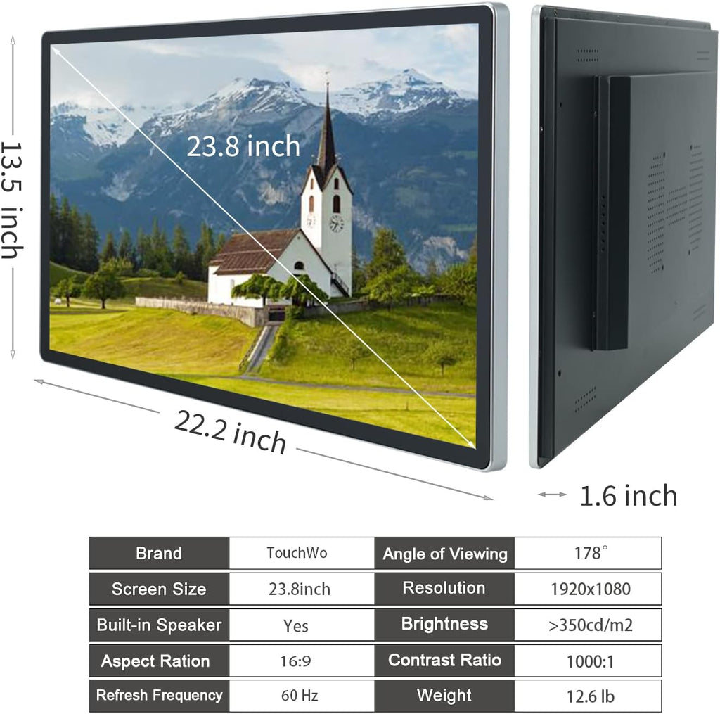 23.8 inch Capacitive Multi-Touch Screen Industrial Monitor, 16:9 Display 1920 x 1080P, Built-in Speakers, VGA, DVI & HD-MI Monitor for PC, POS, Small Business, Restaurant