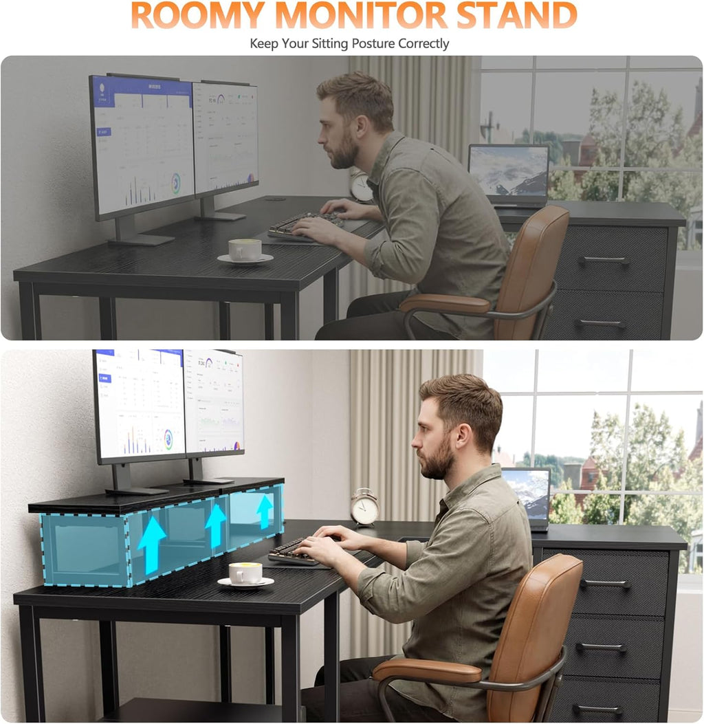 Korfile 59 inch L Shaped Computer Desk with Power Outlets, Home Office Desk with 4 Adjustable Storage Drawers & 2 Monitor Stands, Two Person Gaming Table for Bedroom, Black