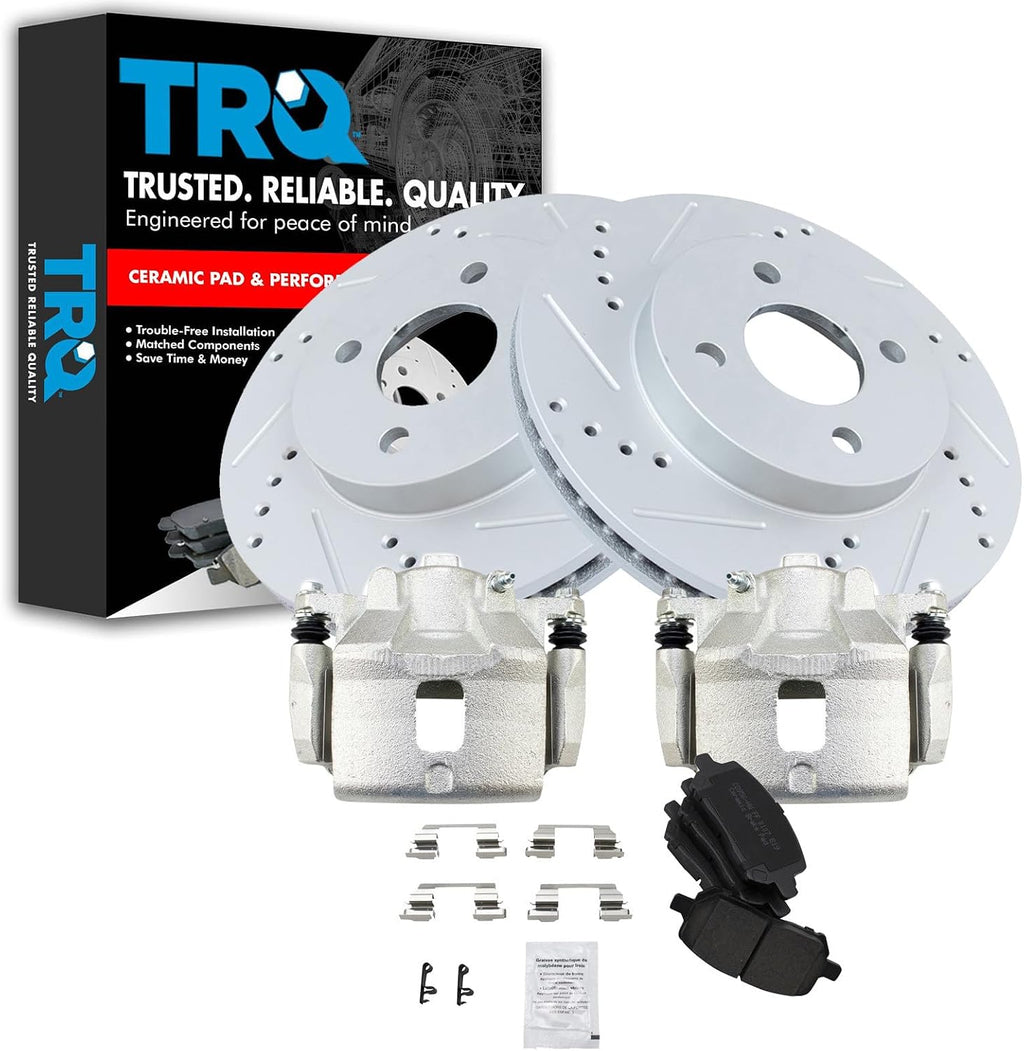TRQ Performance Front Brake Pad and Rotor Set Ceramic Drilled Slotted Coated Rotors Calipers Compatible with 2005-2010 Chevrolet Cobalt 2007-2009 Pontiac G5 2003-2007 Saturn Ion
