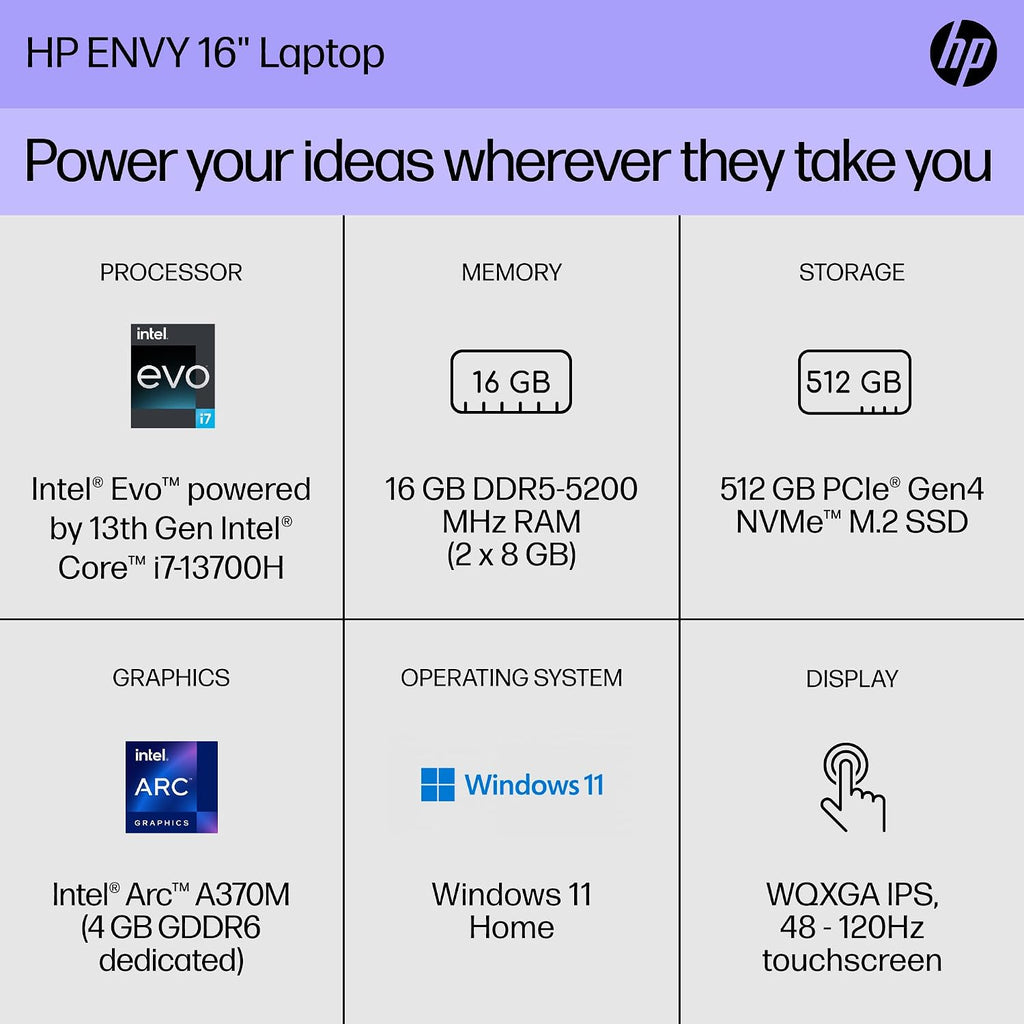 HP Envy 16 inch Laptop, WQXGA 48-120Hz Display, Intel Evo Powered by 13th Generation Intel Core i7-13700H, 16 GB RAM, 512 GB SSD, Intel Arc A370M Graphics, Windows 11 Home, 16-h1010nr (2023)