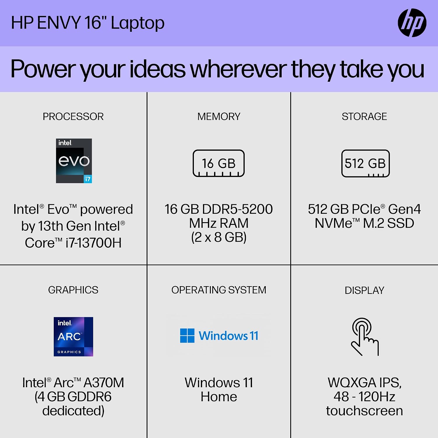 HP Envy 16 inch Laptop, WQXGA 48-120Hz Display, Intel Evo Powered by 13th Generation Intel Core i7-13700H, 16 GB RAM, 512 GB SSD, Intel Arc A370M Graphics, Windows 11 Home, 16-h1010nr (2023)