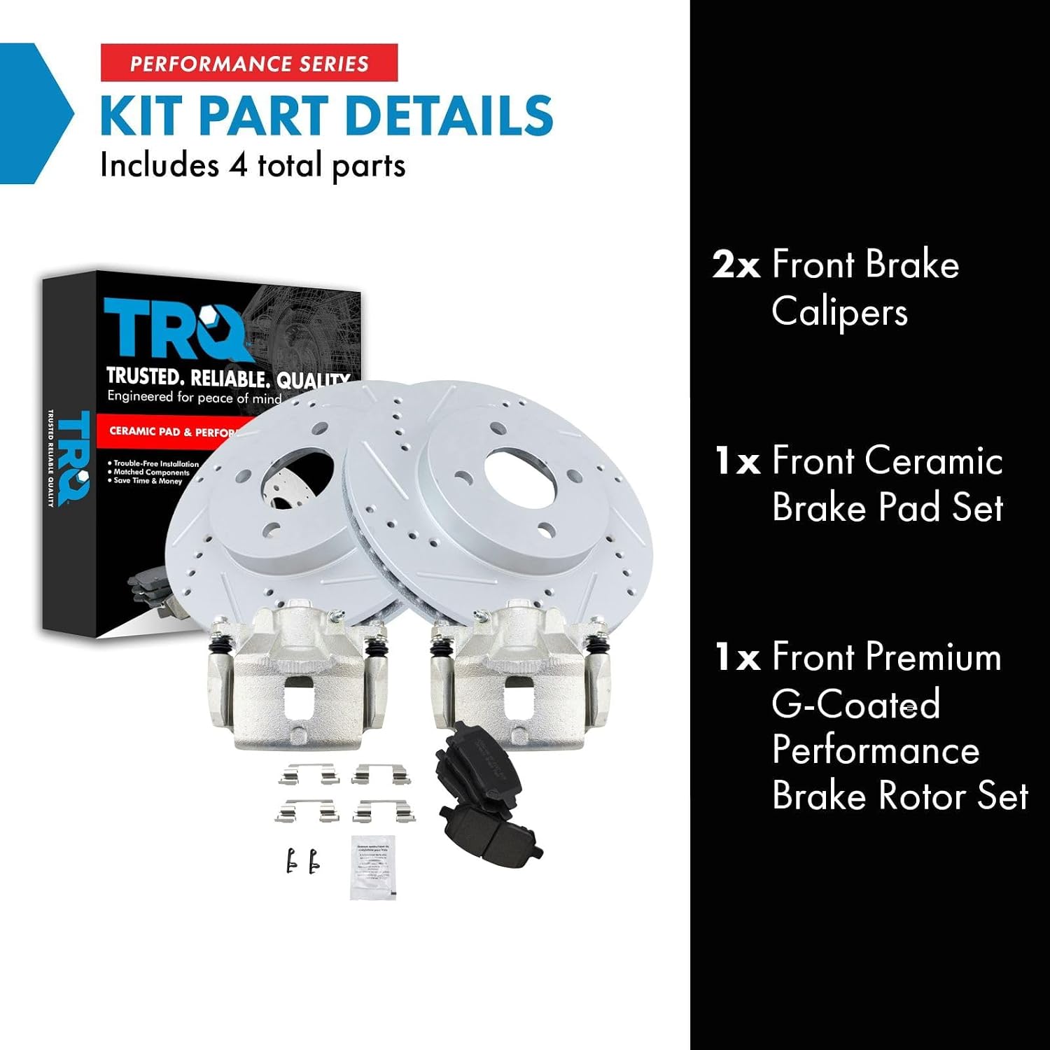 TRQ Performance Front Brake Pad and Rotor Set Ceramic Drilled Slotted Coated Rotors Calipers Compatible with 2005-2010 Chevrolet Cobalt 2007-2009 Pontiac G5 2003-2007 Saturn Ion