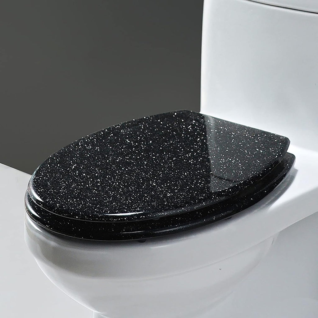 Slow Close Toilet Seat Thicken Toilet Seat Cover, Sparkly Resin Toilet Seat, Toilet Seat, Slow Close Bathroom Toilet Lid, Easy To Clean & Install,Silver,Black,Black