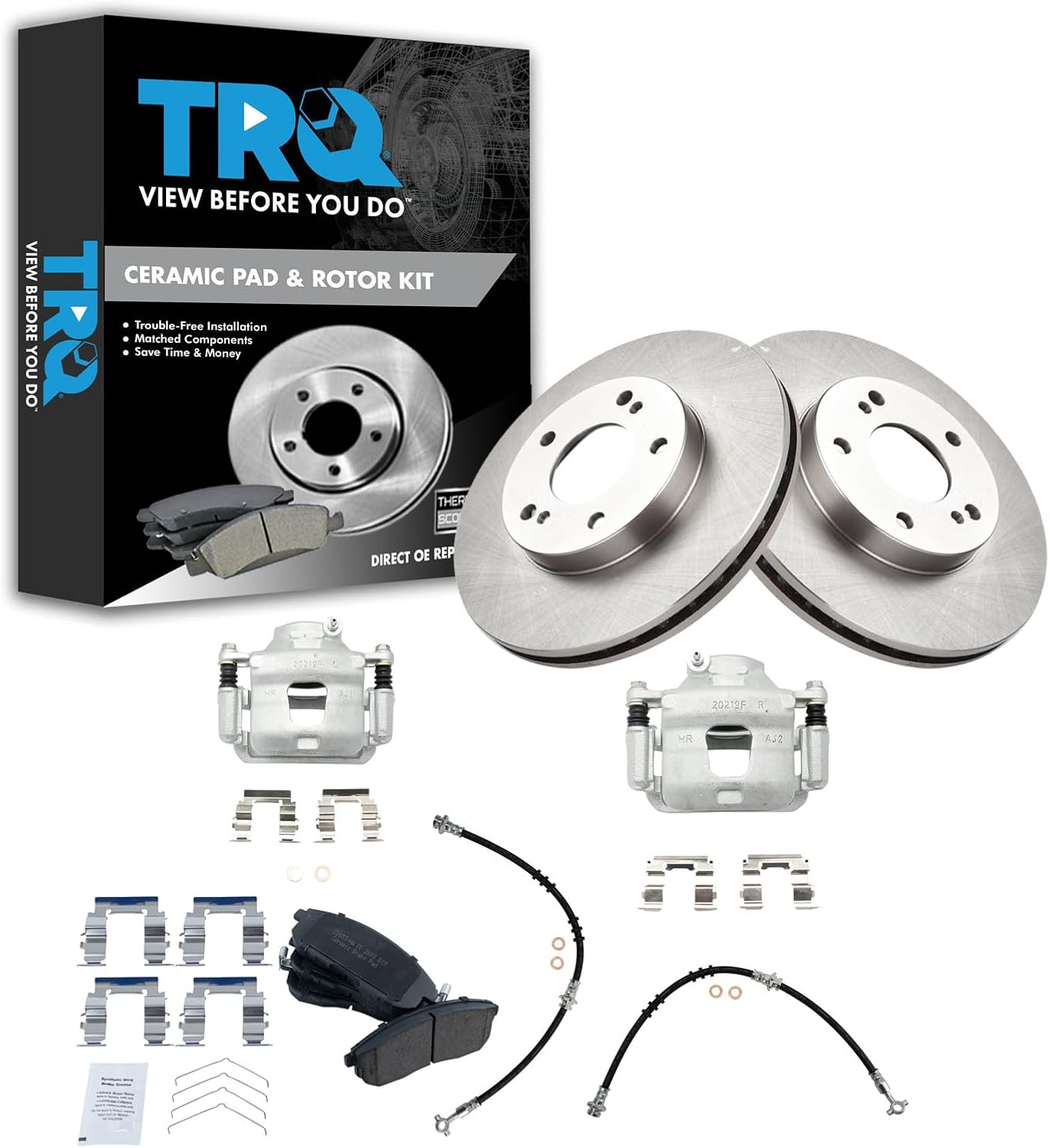 TRQ Front Brake Pad and Rotor Set Ceramic Vented Rotors Calipers Hoses Compatible with 1999 Nissan Maxima
