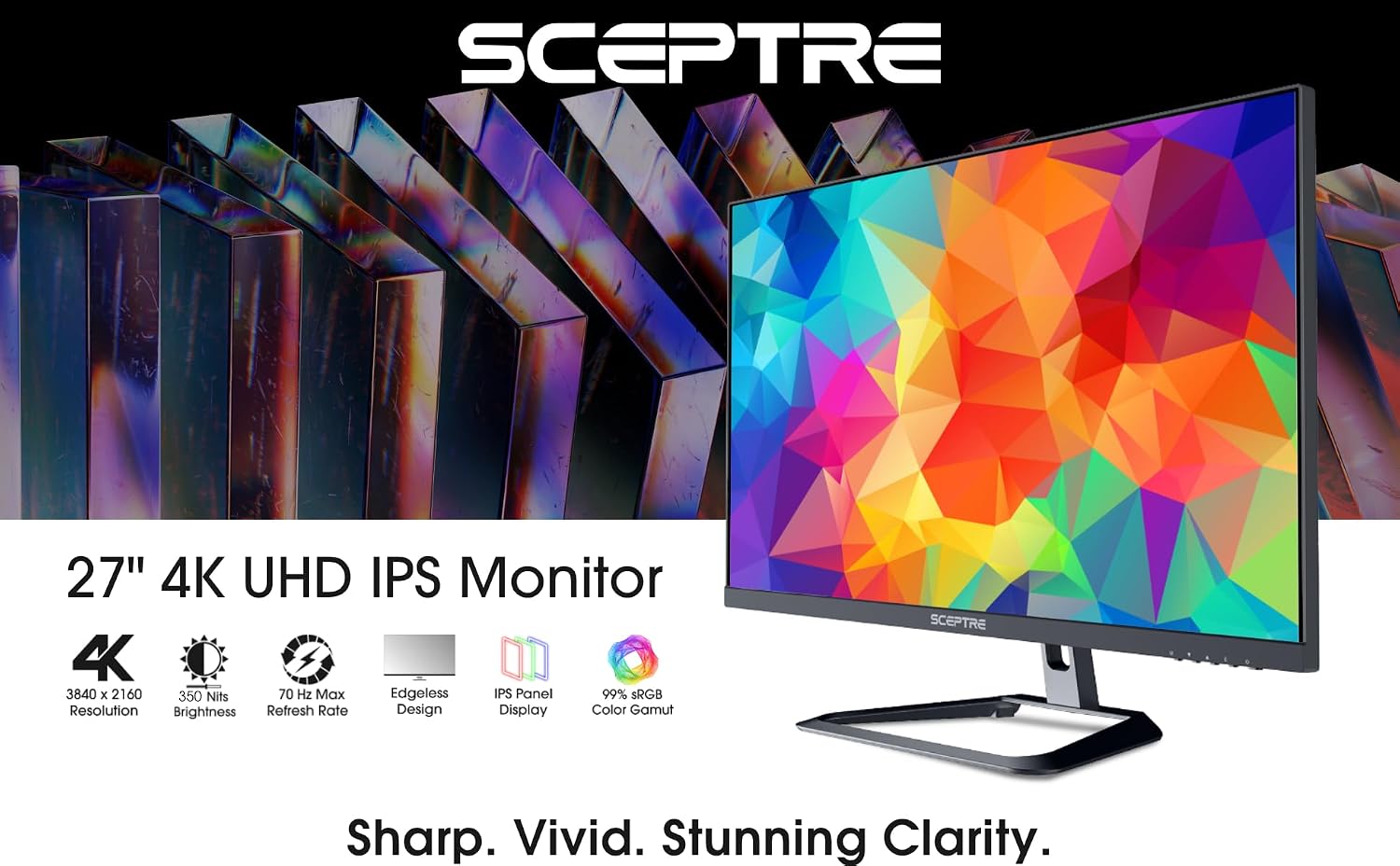 Sceptre 4K IPS 27' 3840 x 2160 UHD Monitor up to 70Hz DisplayPort HDMI 99% sRGB Build-in Speakers, Black 2021 (U275W-UPT)