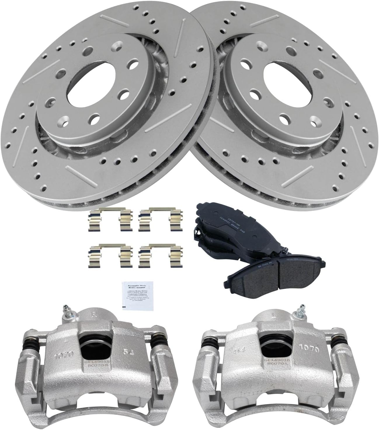 TRQ Performance Front Brake Pad and Rotor Set Ceramic Drilled Slotted Vented Rotors Calipers Compatible with 2004-2011 Chevrolet Aveo 2007-2011 Aveo5 2013-2015 Spark 2009 Pontiac G3