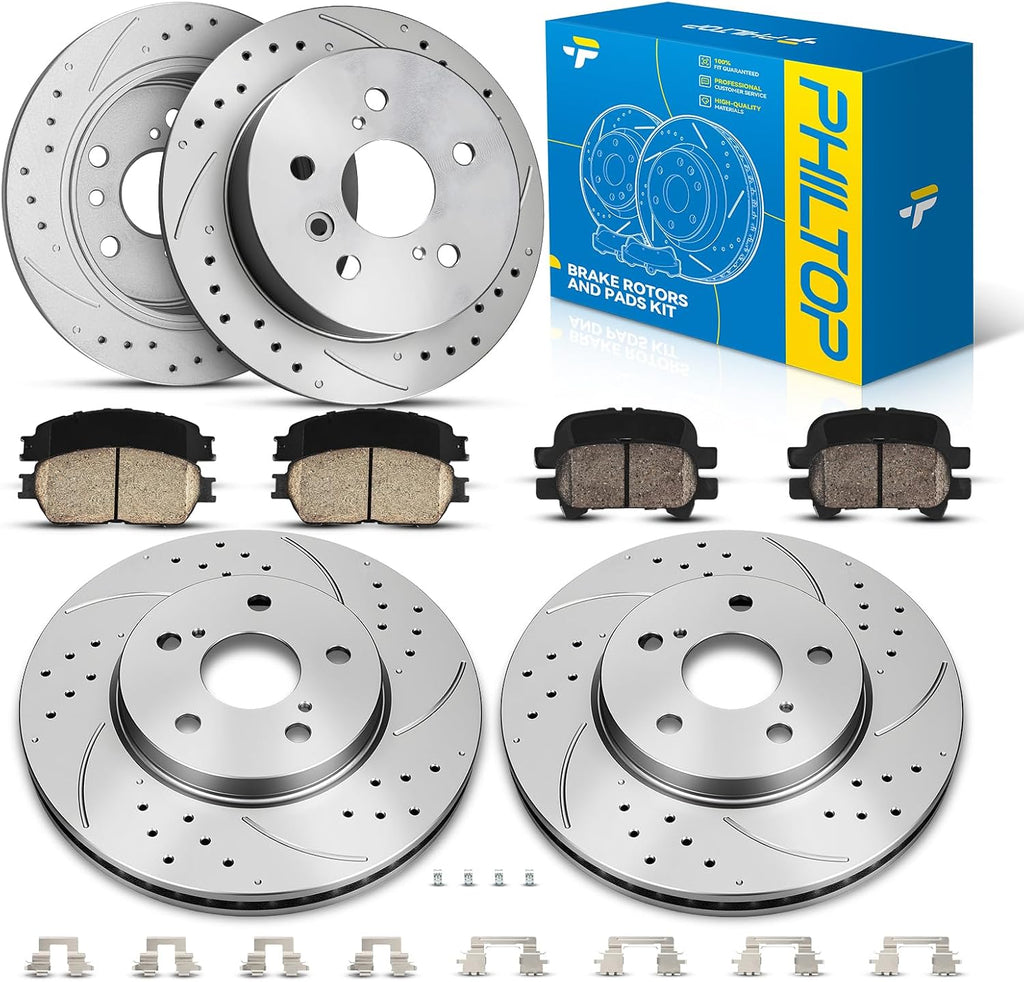 PHILTOP Front and Rear Brake Kit For Toyota Avalon 2005-2007, Brake Rotors and Brake Pads Kit Replace #31314+D906+31322+D828, Front 11.65（296mm）, Rear 10.58（268.9mm）