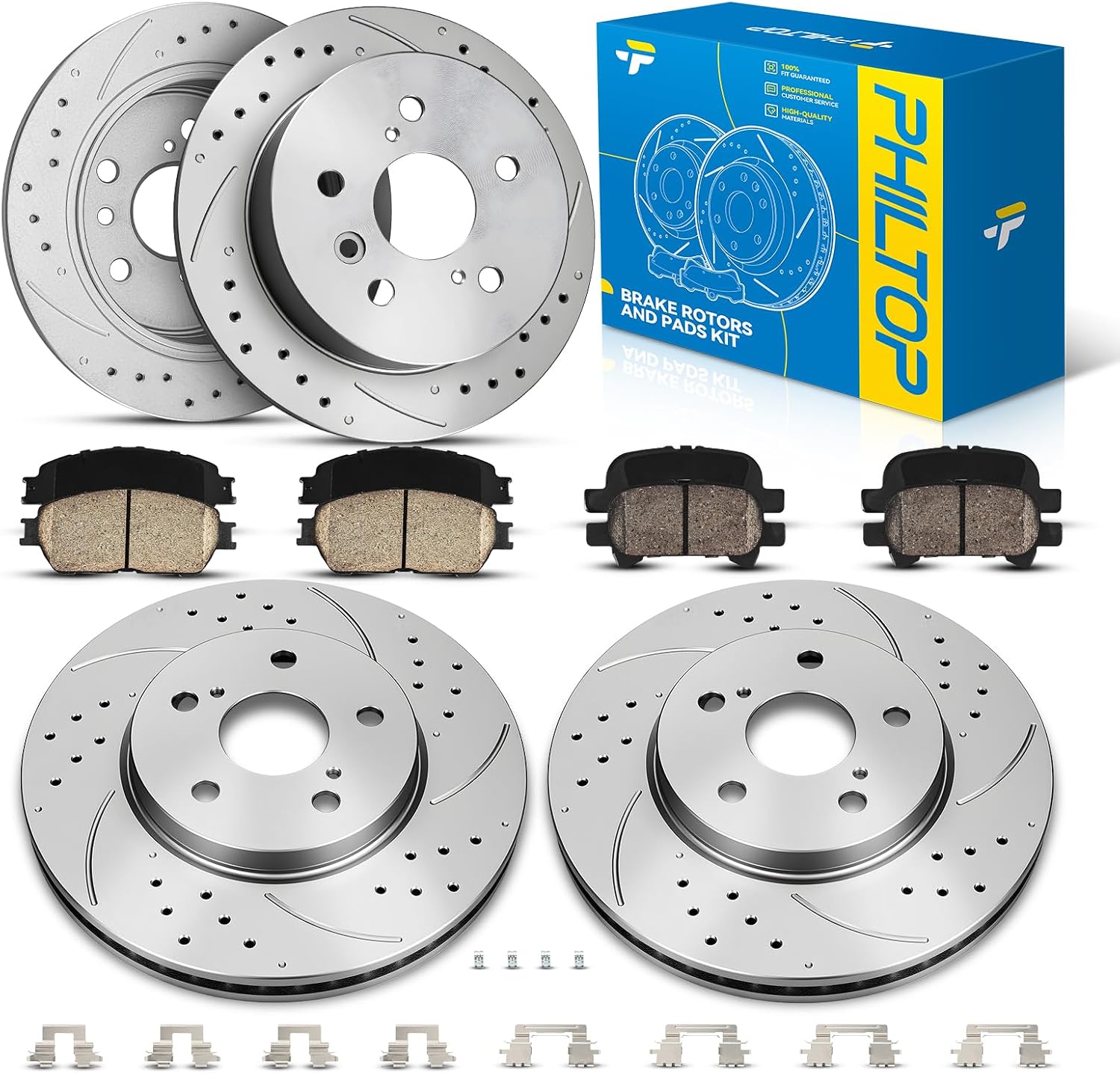 PHILTOP Front and Rear Brake Kit For Toyota Avalon 2005-2007, Brake Rotors and Brake Pads Kit Replace #31314+D906+31322+D828, Front 11.65（296mm）, Rear 10.58（268.9mm）