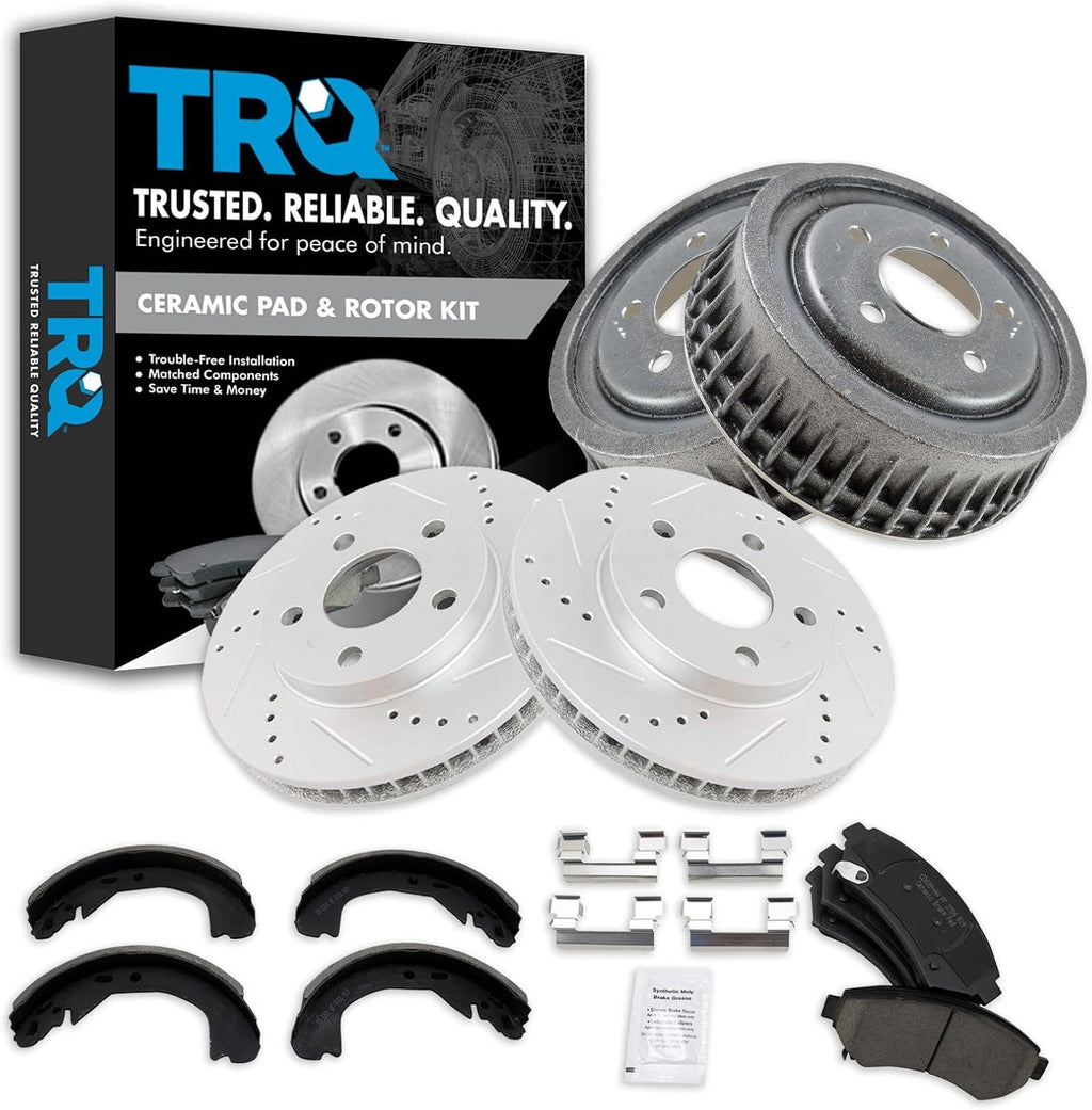 TRQ Ceramic Brake Pad Performance Rotor Drum & Shoe Front Rear Kit Compatible with GM