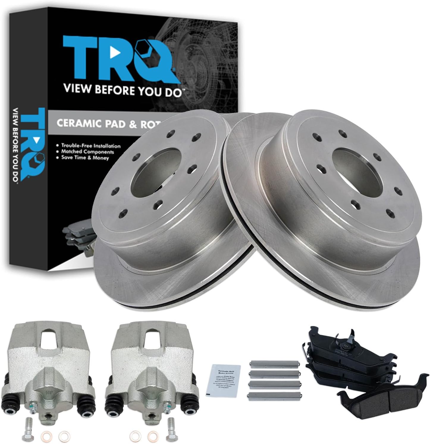 TRQ Rear Brake Pad and Rotor Set Ceramic Rotors Calipers Compatible with 2004-2011 Ford F-150