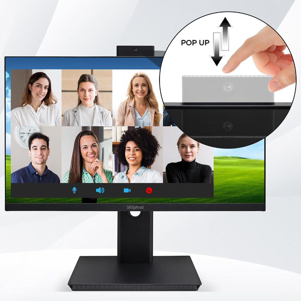 SKitphrati 27'' Business Webcam Monitor, 1080P IPS 120HZ, Video Conference Monitor - Built-in Adjustable 3MP Webcam, Mic Array, Speakers, Eye Care, Frameless, HDMI, DisplayPort, VGA, USB 2.0