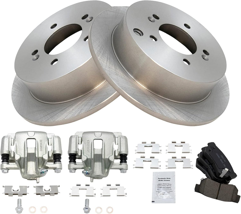 TRQ Rear Brake Pad and Rotor Set Ceramic Solid Rotors Calipers Compatible with 2009 Hyundai Tucson 2005-2010 Kia Sportage
