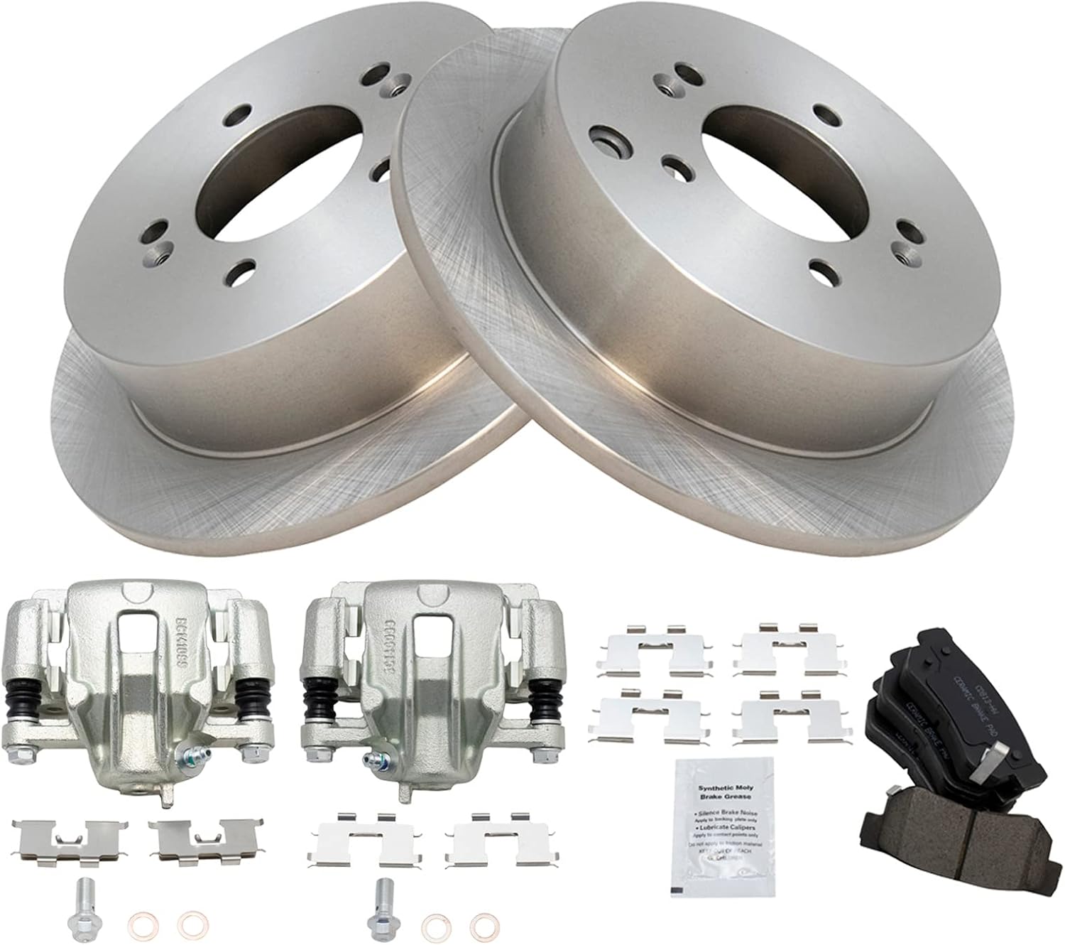 TRQ Rear Brake Pad and Rotor Set Ceramic Solid Rotors Calipers Compatible with 2009 Hyundai Tucson 2005-2010 Kia Sportage