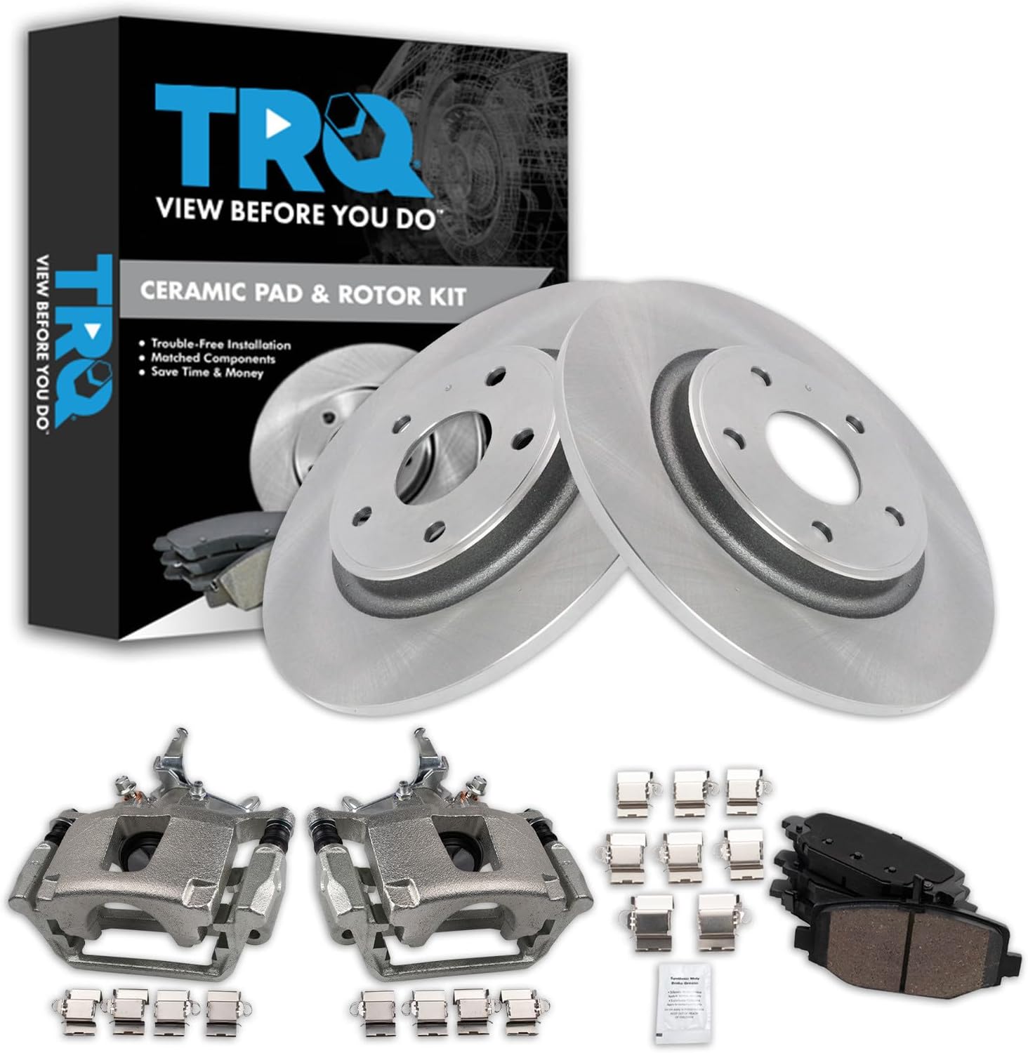 TRQ Rear Brake Pad and Rotor Set Ceramic Rotors Calipers Compatible with 2012-2018 Dodge Journey