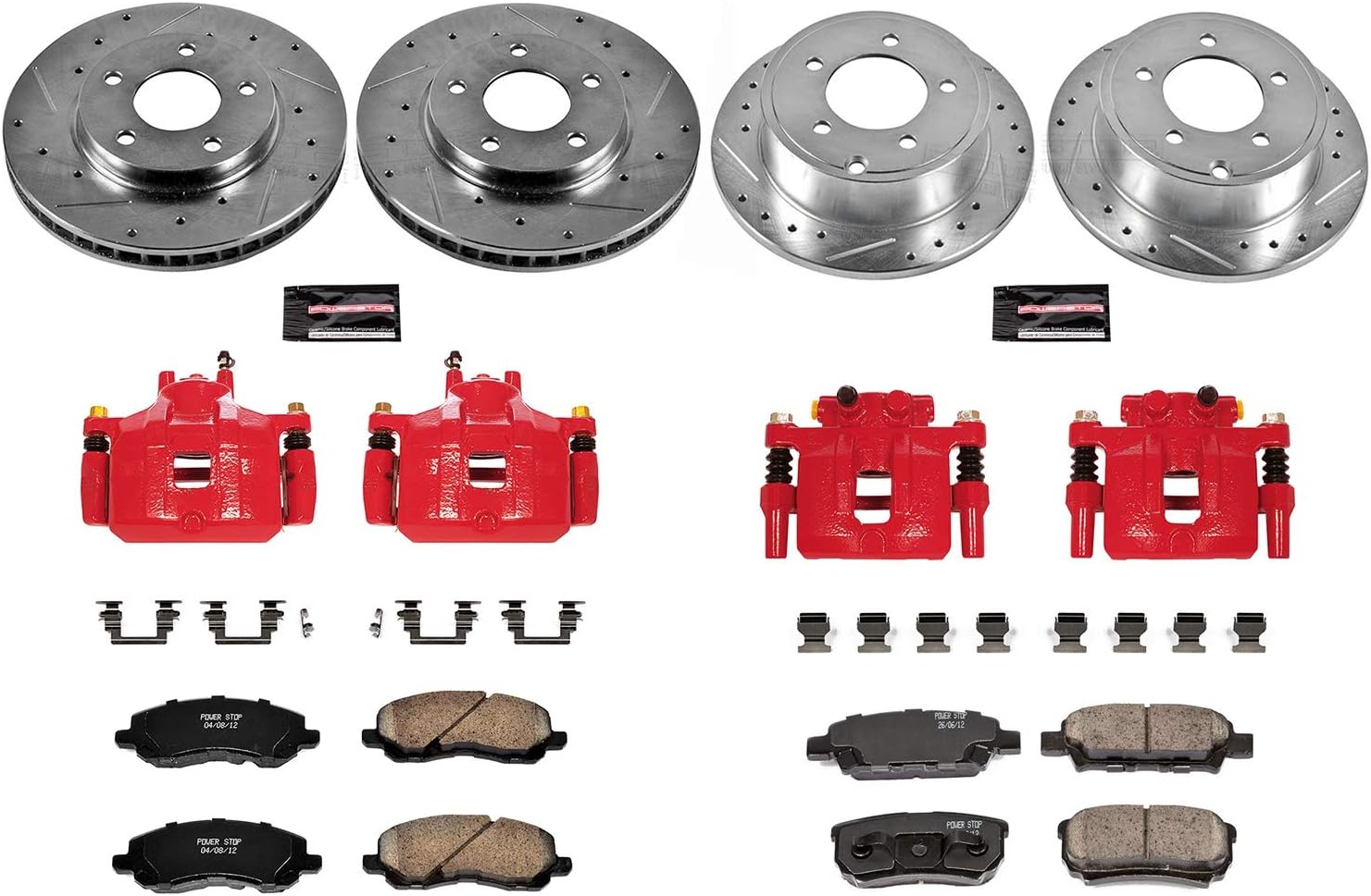 PowerStop Front and Rear Brake & Caliper Kit for Mitsubishi Lancer 2008-17 - Carbon-Fiber Ceramic Brake Pads + Drilled & Slotted Rotors + Red Powder Coated Calipers, KC4017A