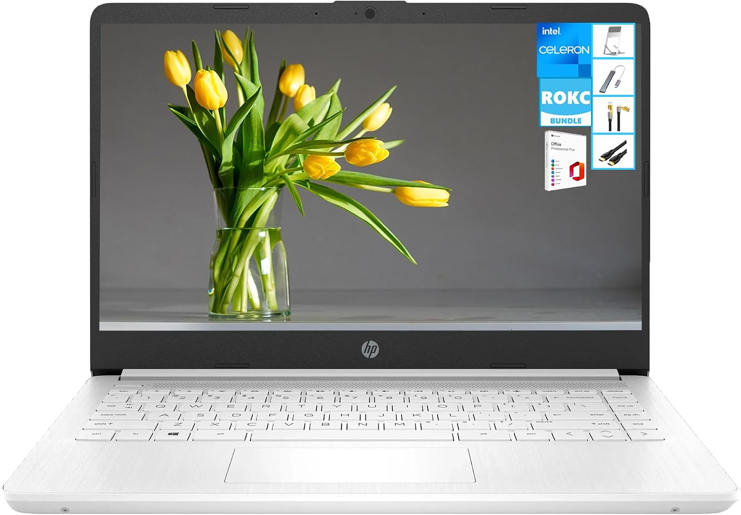 HP Windows 11 Laptop 14 inch HD Screen with Microsoft Office and 1TB Cloud Storage (1-Year)| 16GB RAM|64GB eMMC & 64GB Card| Intel 4-Core CPU| Wi-Fi| Bluetooth| Ultra Light| White| RK Bundle
