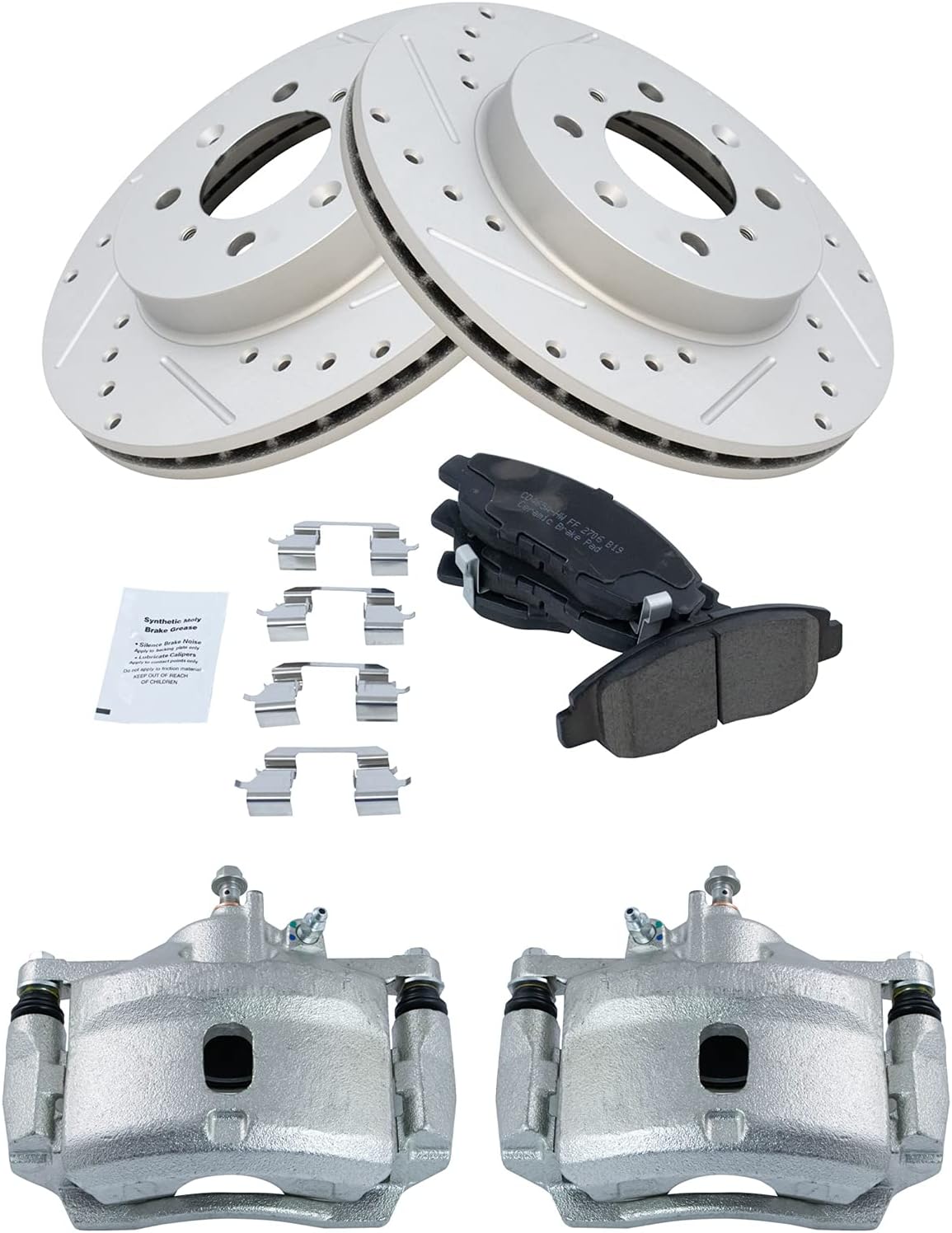 TRQ Performance Front Brake Pad and Rotor Set Ceramic Coated Drilled Slotted Vented Rotors Calipers Compatible with 1996-2005 Honda Civic 2010-2014 Insight