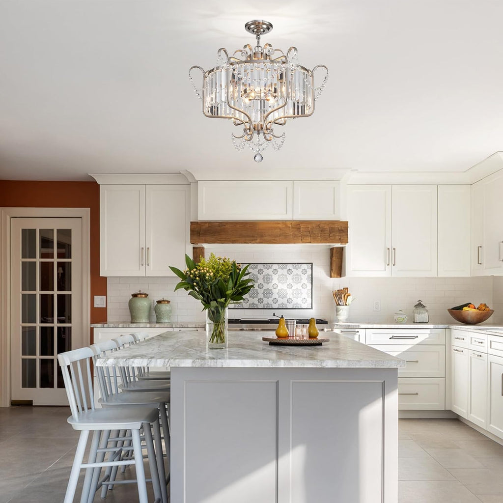 Modern Crystal Chandelier for Dining Room 24' Brushed Nickel Light Fixtures 6-Light Farmhouse Pendant Lighting for Kitchen Island Bedroom Hallway Entryway