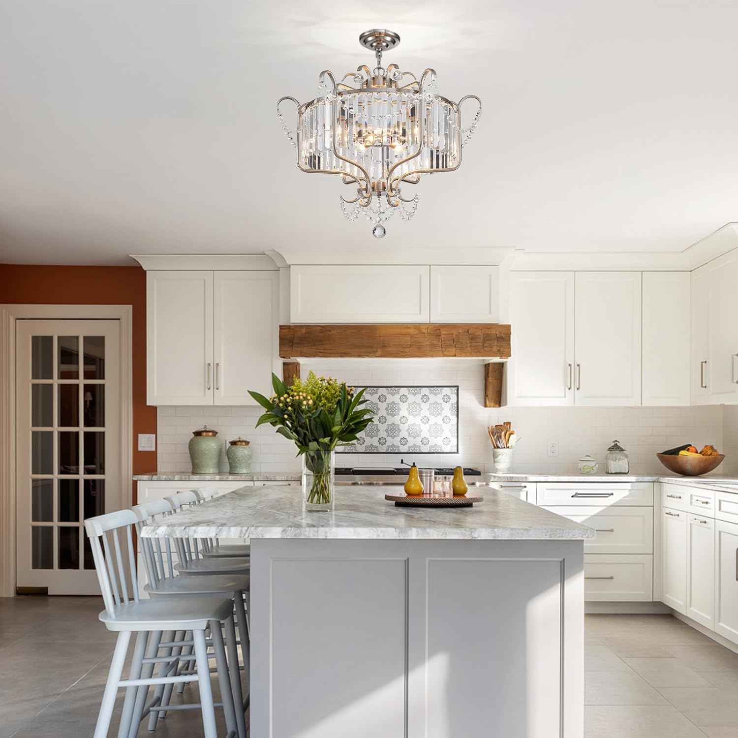 Modern Crystal Chandelier for Dining Room 24' Brushed Nickel Light Fixtures 6-Light Farmhouse Pendant Lighting for Kitchen Island Bedroom Hallway Entryway
