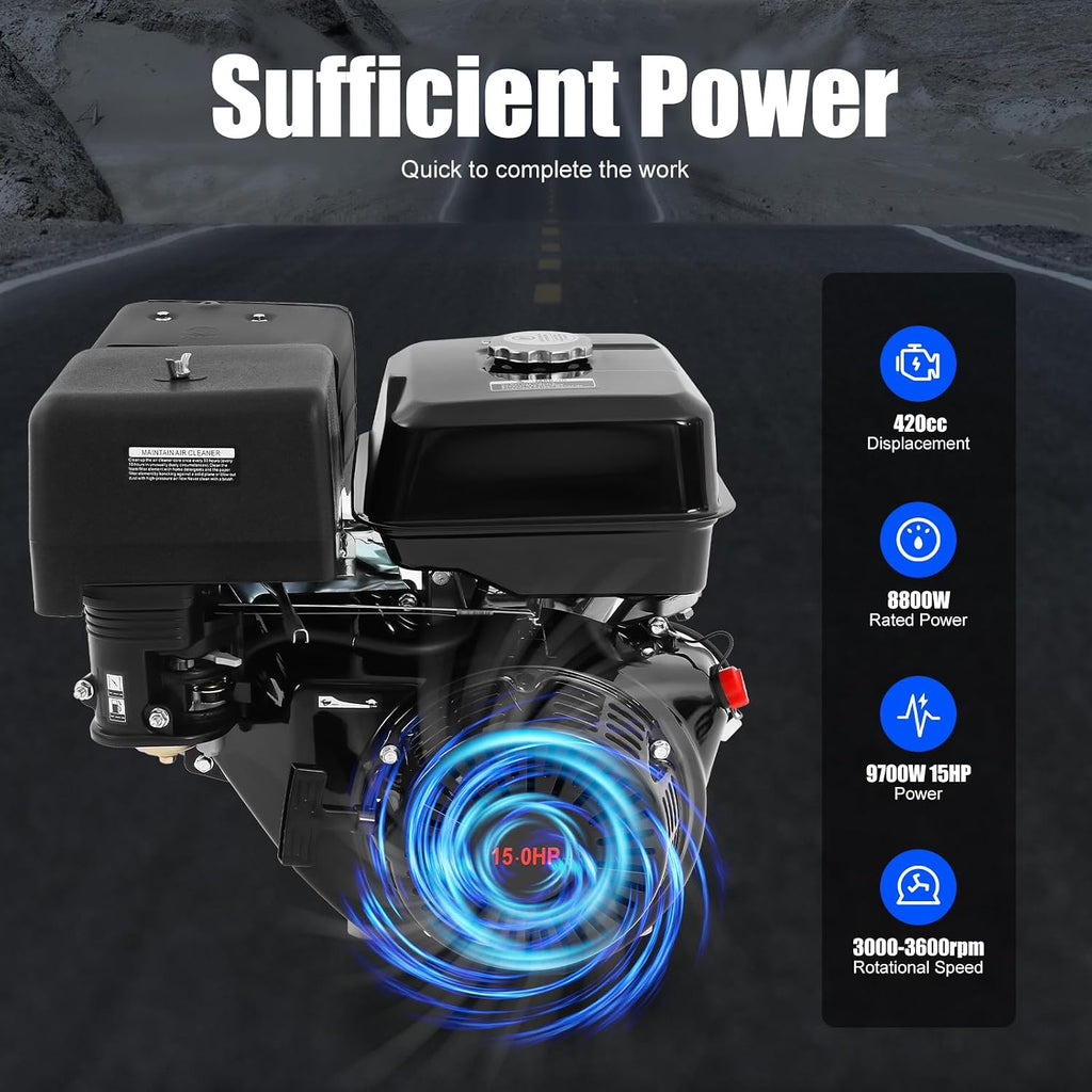 420CC 15Hp Gas Engine, 4-Stroke Horizontal Shaft Gas Powered Engine Gas Lawn Mower Industrial Grade Replacement Gas Motor W/Single Cylinder System for Go-Karts Compressors Lawn Mowers Water Pumps