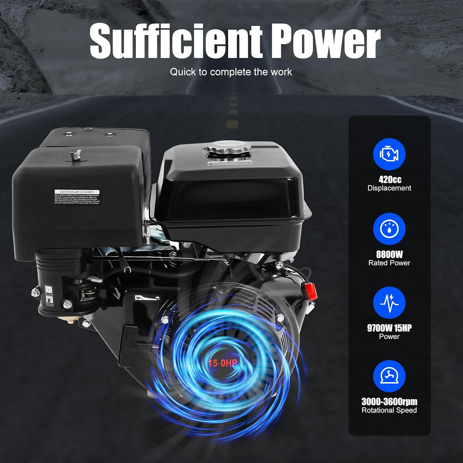 15HP OHV Gasoline Motor, 420CC Gas Powered Engine 4 Stroke Go Kart Air Cooled Single Cylinder Engine for Compressor Lawnmower Garden Tool Fuel Consumption Rate 374g/Kw.H 9.7KW 3600RPM