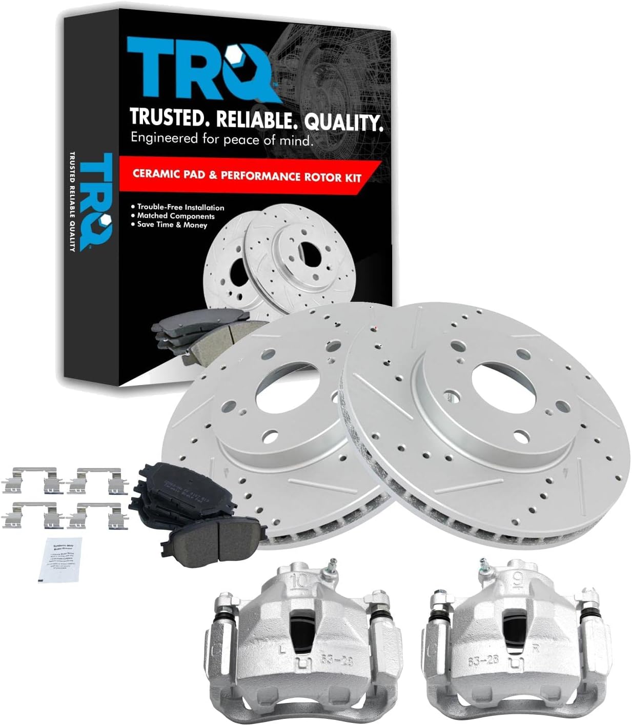 TRQ Performance Front Brake Pad and Rotor Set Ceramic Vented Coated Rotors Calipers Compatible with 2006 Toyota Camry