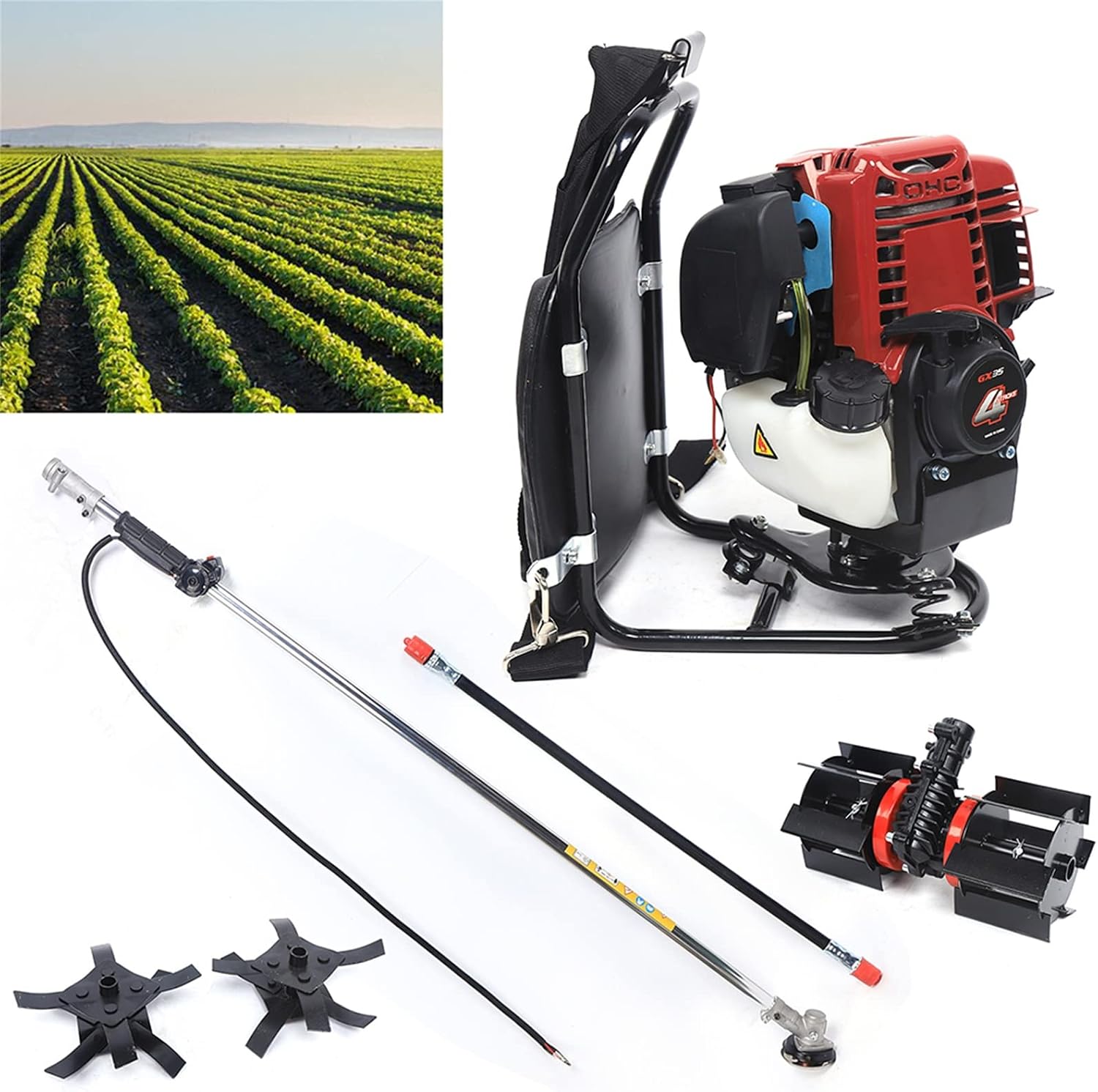 Backpack Brush Cutter Tiller, 4 Stroke 1.4HP Gas Powered Grass Hedge Trimmer Air-Cooled Single Cylinder Cultivator Lawn Mower for Cut Remove Weeds On Lawns, Farmland 4500-8500rpm