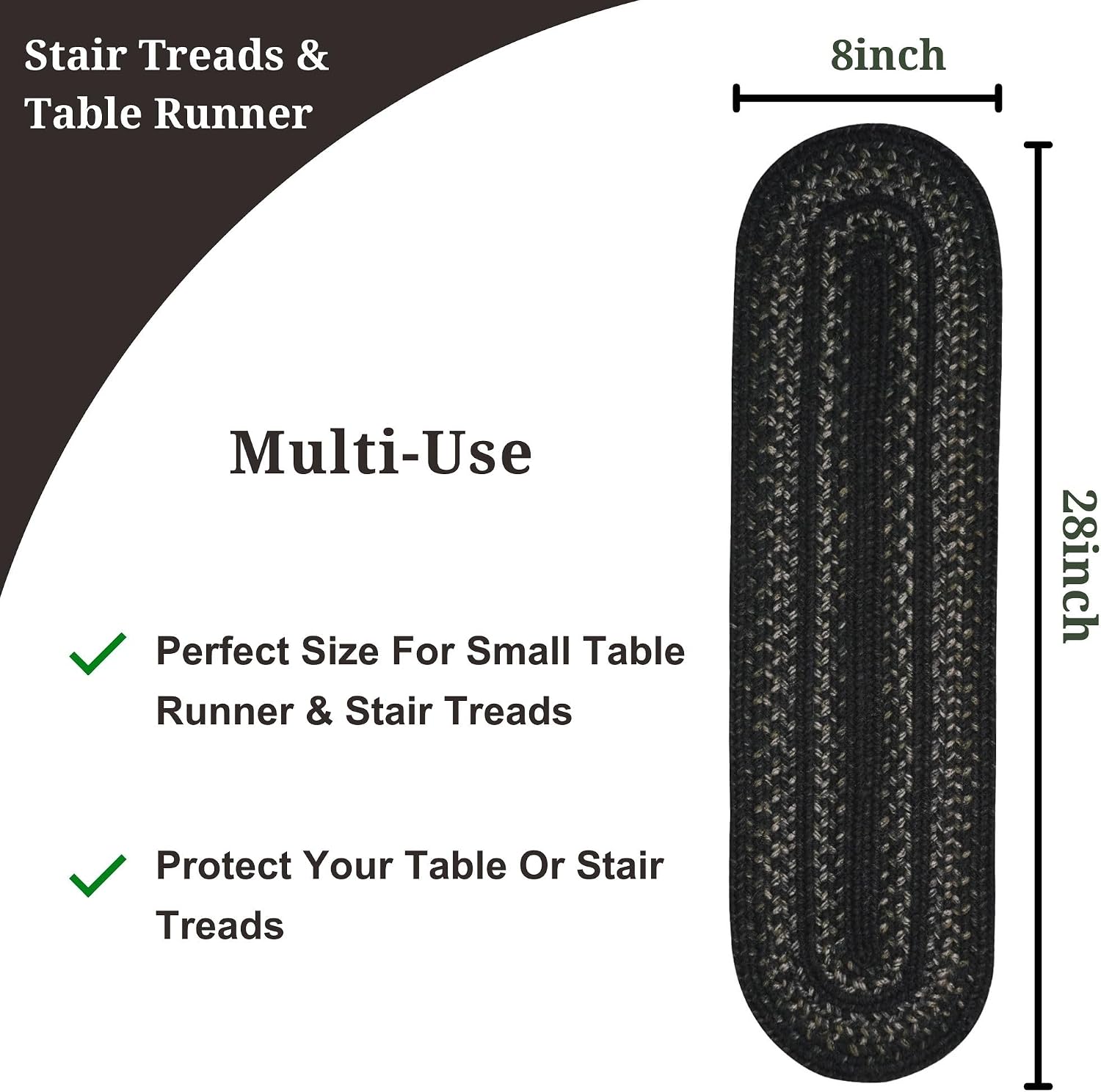 Homespice Jet Black Premium Jute Braided Stair Tread 8' x 28' (Set of 13) Oval Black, Tan Reversible, Natural Jute Yarn Rustic, Country, Primitive, Farmhouse Style - 30 Day Risk Free Purchase