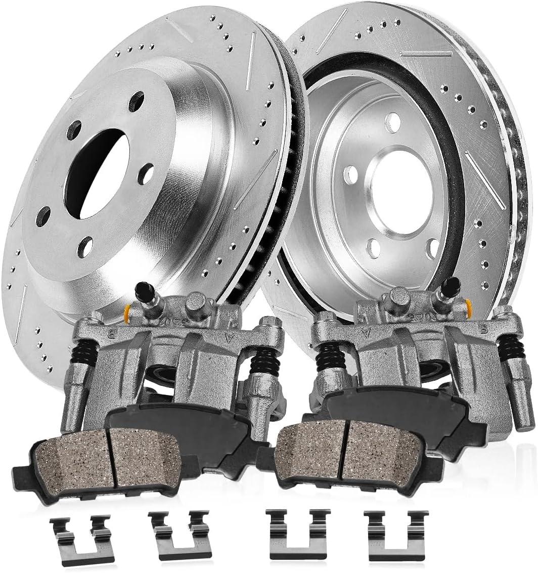 Callahan Rear Brake Kit For 1996 1997 1998 1999 2000 2001 2002 Ford Crown Victoria Drilled and Slotted Brake Rotors and Ceramic Brake Pads with Calipers