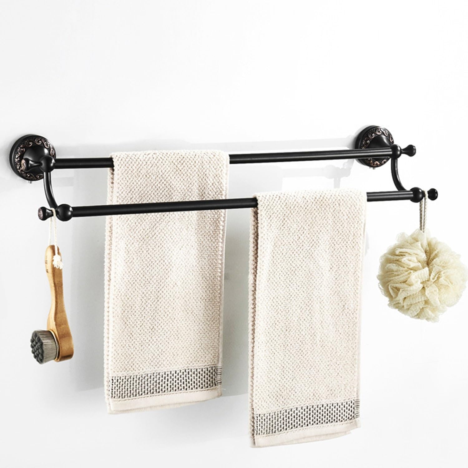 Towel Rails Multifunction Bathroom Rack, European Antique Hand-Carved Towel Bar Space Aluminum Black Gold Double Towel Rack Towel Holder, Black Bronze, 60cm
