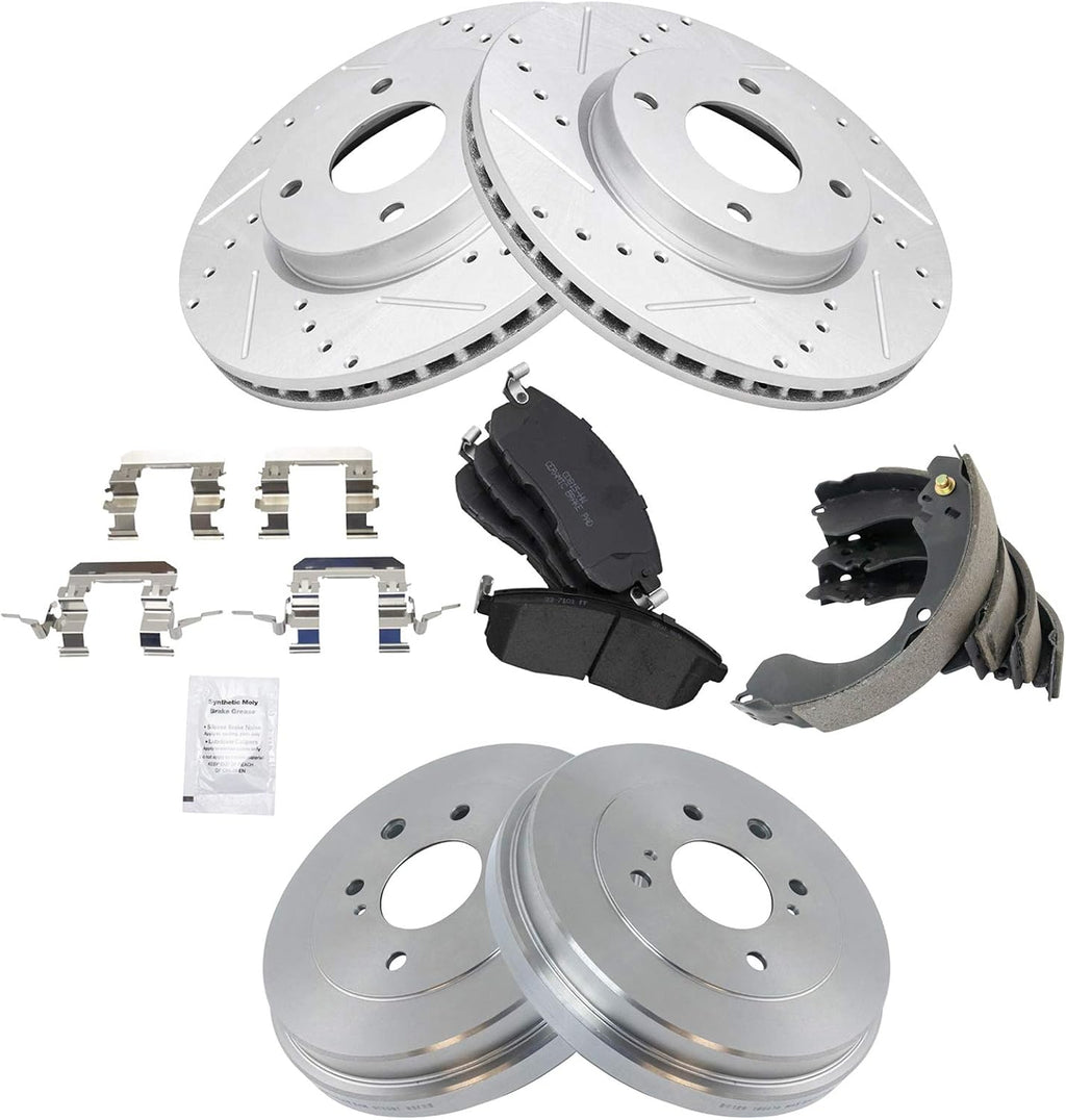 TRQ Performance Front & Rear Posi Ceramic Disc Brake Pads Rotors & Drum Kit Set for Nissan