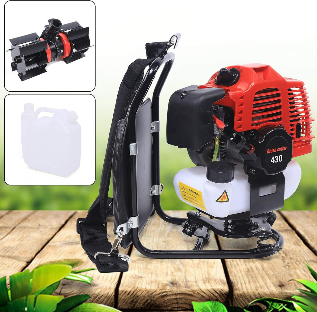 43CC 2-Stroke Grass Trimmer, 1250W 3 in 1 Brush Cutter Gas Powered Backpack Garden Rototiller Lawn Mower for Yard Farmland Weeding, Scarifying and Cutting 3200RPM