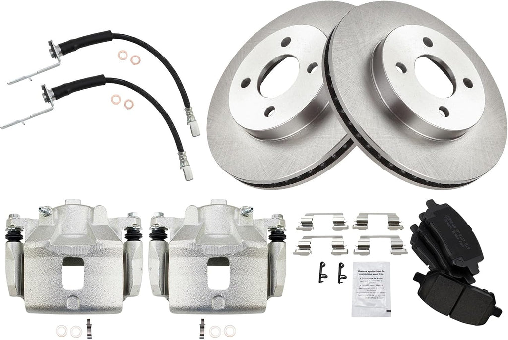 TRQ Front Brake Pad and Rotor Set Ceramic Rotors Calipers Hoses Compatible with 2007-2010 Chevrolet Cobalt 2007-2009 Pontiac G5 2003-2007 Saturn Ion