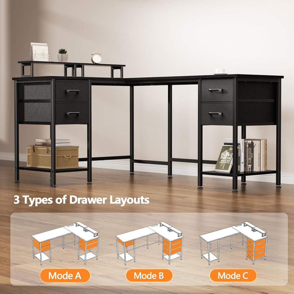 Korfile 59 inch L Shaped Computer Desk with Power Outlets, Home Office Desk with 4 Adjustable Storage Drawers & 2 Monitor Stands, Two Person Gaming Table for Bedroom, Black