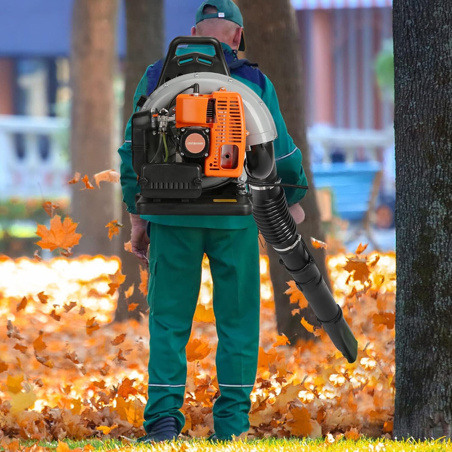 63CC 3HP 2 Stroke Backpack Gas Powered Leaf Blower, High Strength Snow Grass Lawn Blower Air Cooling Gasoline with Single-Cylinder Air-Cooled for Gutter,Garden,Yard Ora Orange