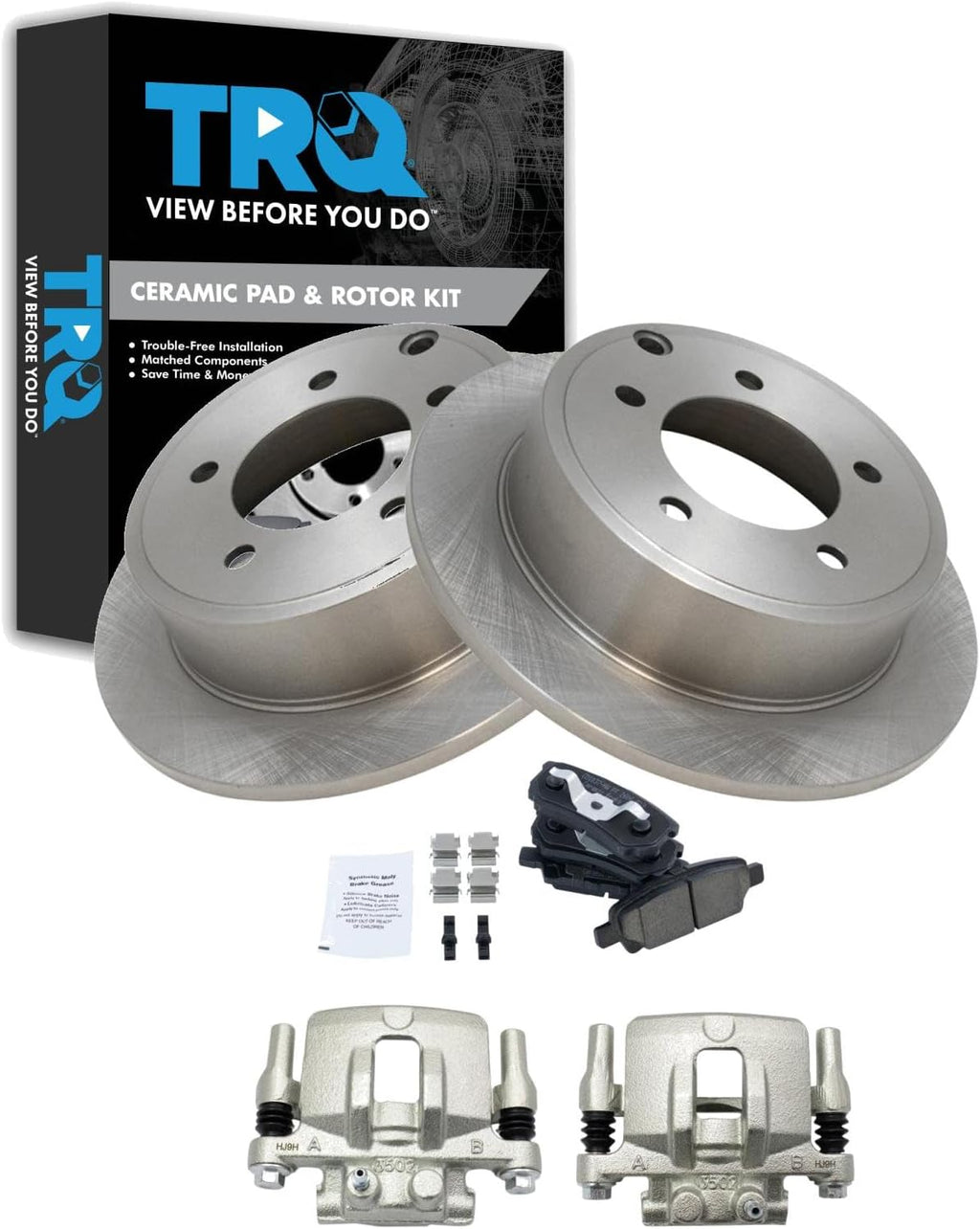 TRQ Rear Ceramic Brake Pad and Rotor Set Includes Calipers Compatible with 08-16 Jeep Compass with Rear Disc Brakes with 262 mm Diameter Rotors