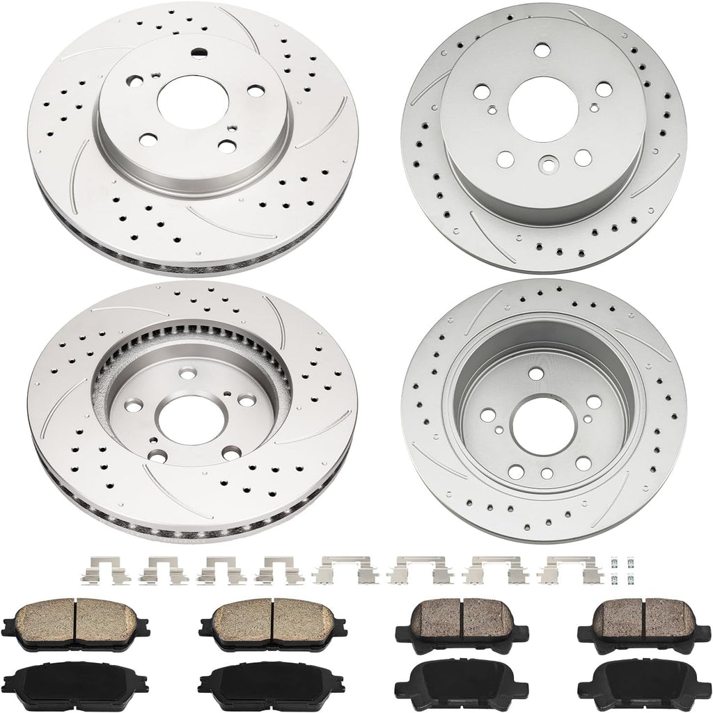 PHILTOP Front and Rear Brake Kit For Toyota Avalon 2005-2007, Brake Rotors and Brake Pads Kit Replace #31314+D906+31322+D828, Front 11.65（296mm）, Rear 10.58（268.9mm）