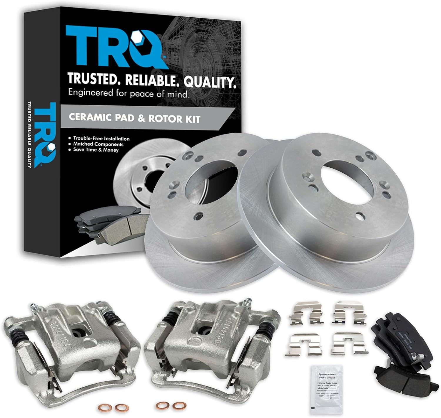 TRQ Rear Brake Pad and Rotor Set Ceramic Rotors Calipers Compatible with 2009-2010 Hyundai Sonata